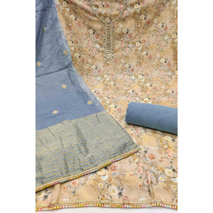 Chikoo Floral Digital Printed Cotton Blend Dress Material Embellished With Moti Hand Embroidery