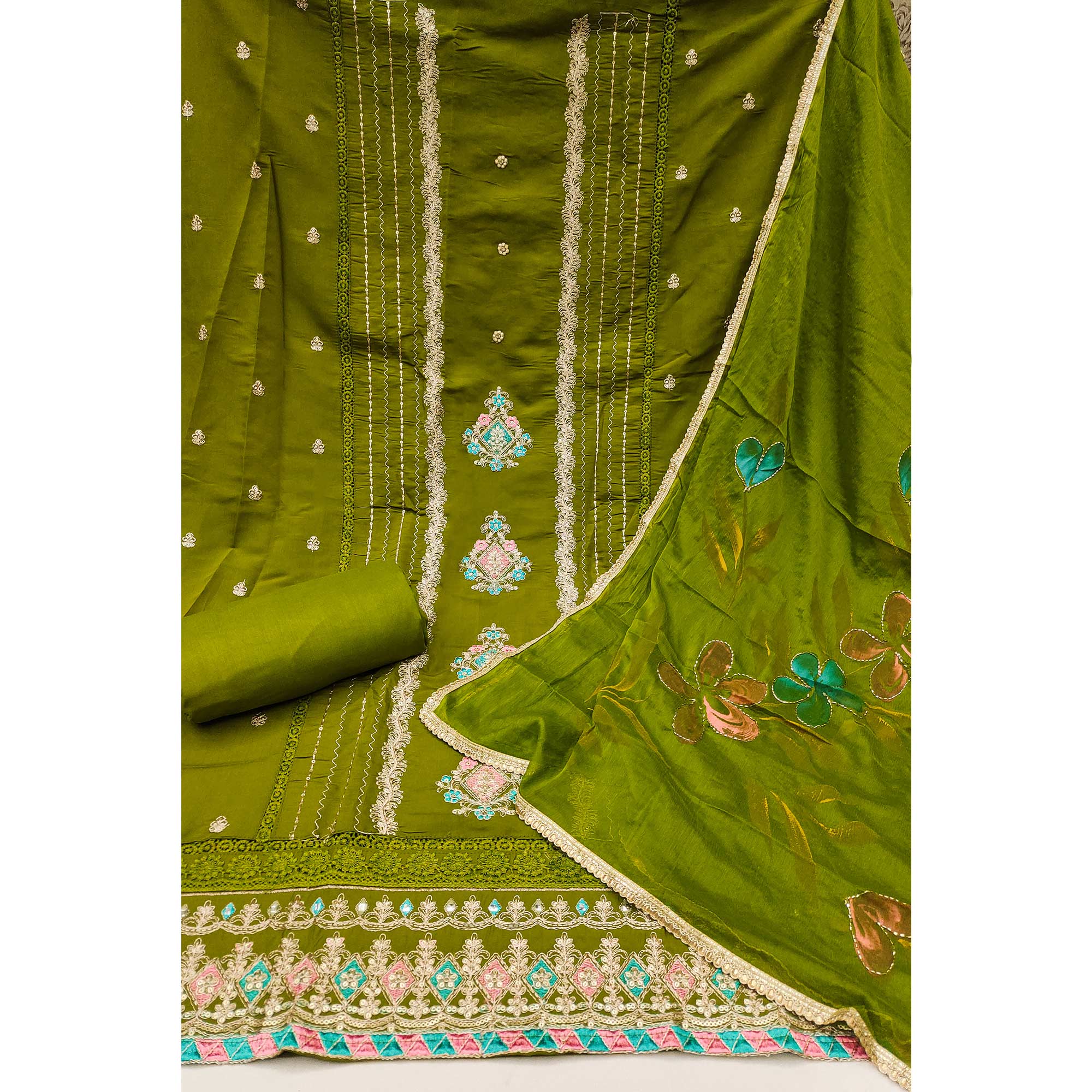 Green Cotton Silk Dress Material Enhanced With Exquisite Floral Cording Embroidery & Sequins Work