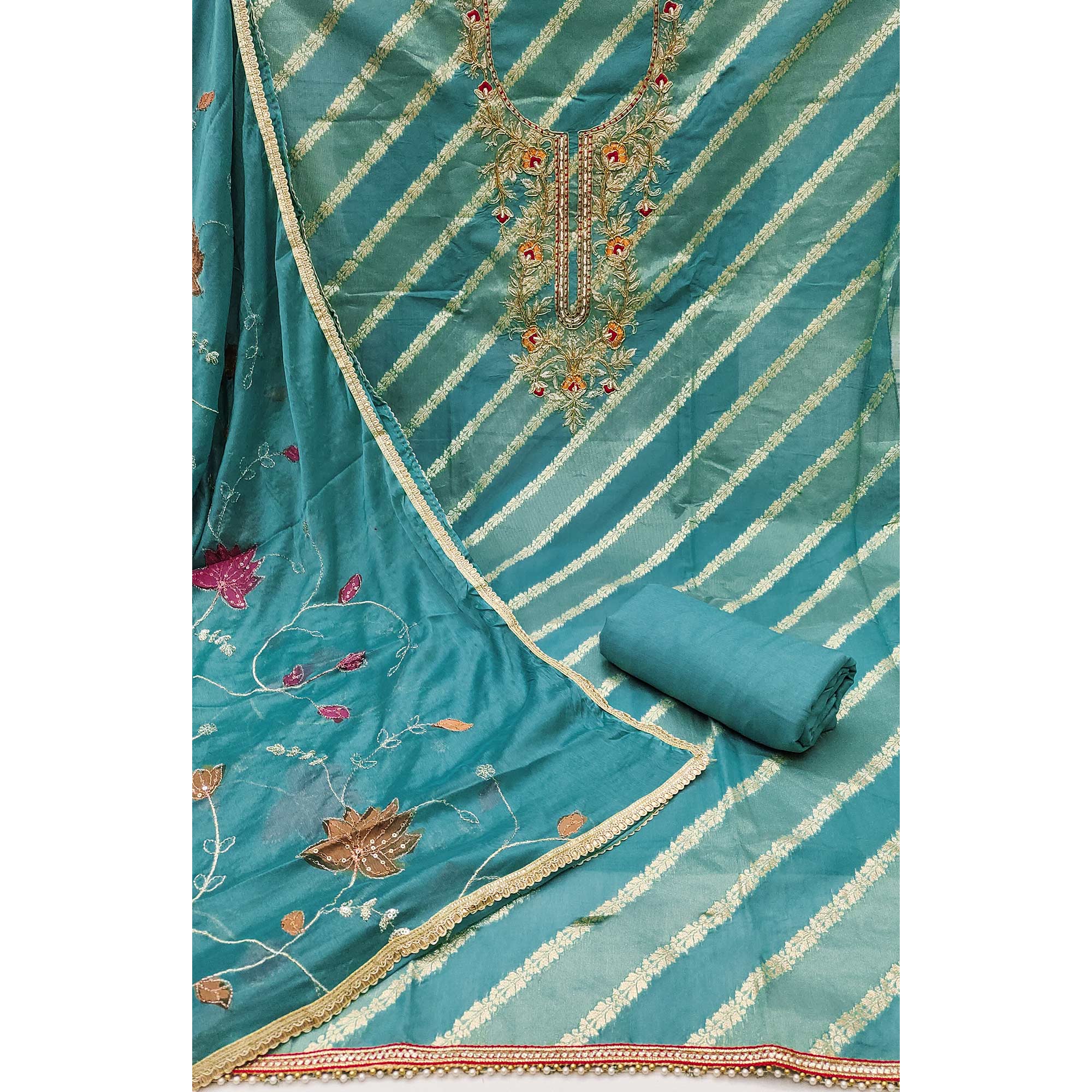 Blue Floral Zari Weaving & Sequins With Handwork Embellished Shimmer Dress Material