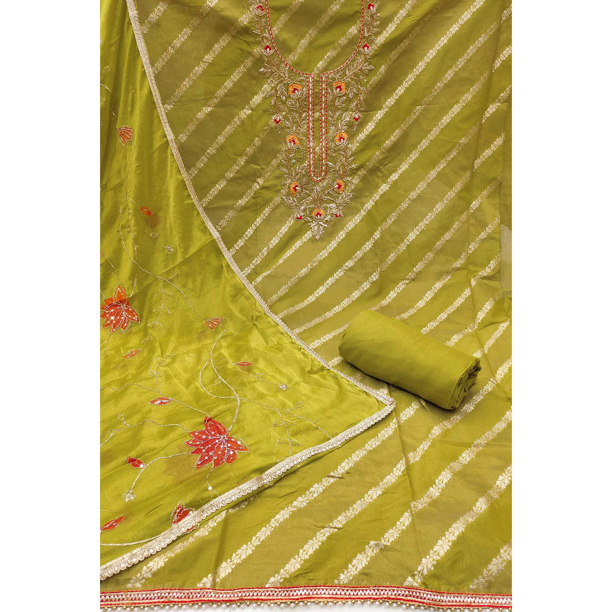 Green Floral Zari Weaving & Sequins With Handwork Embellished Shimmer Dress Material