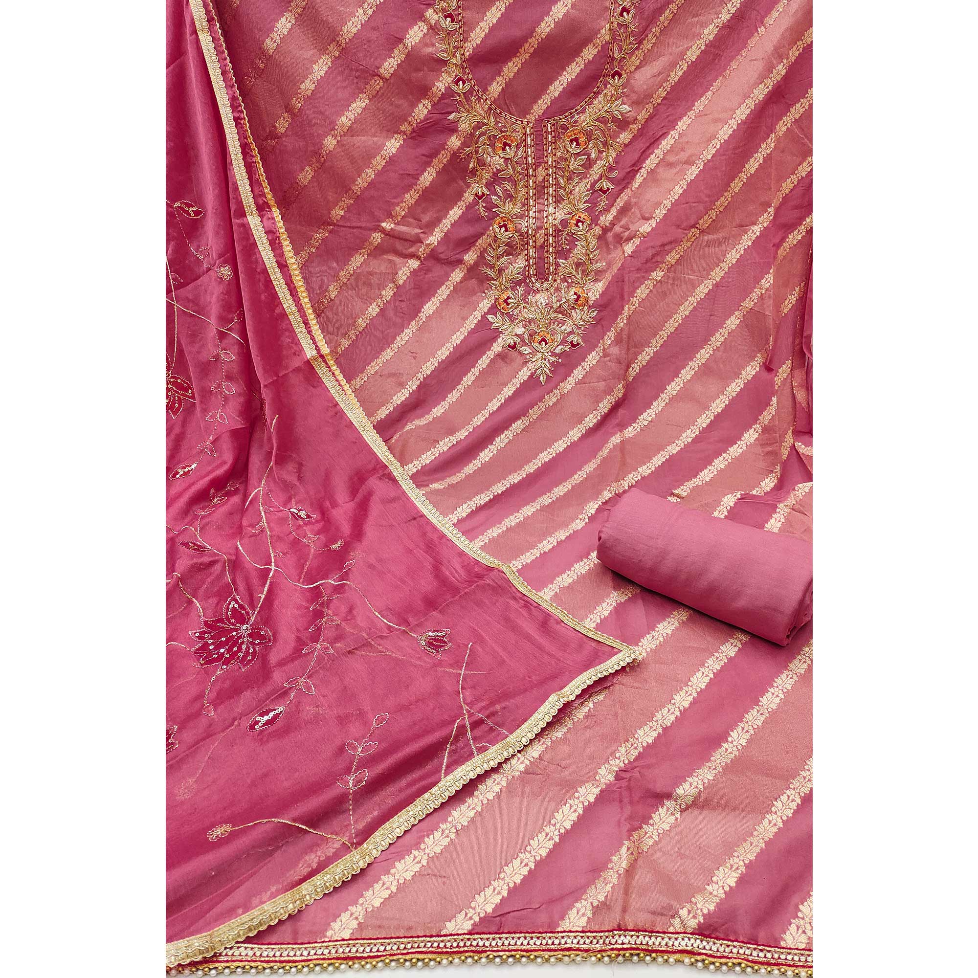 Pink Floral Zari Weaving & Sequins With Handwork Embellished Shimmer Dress Material