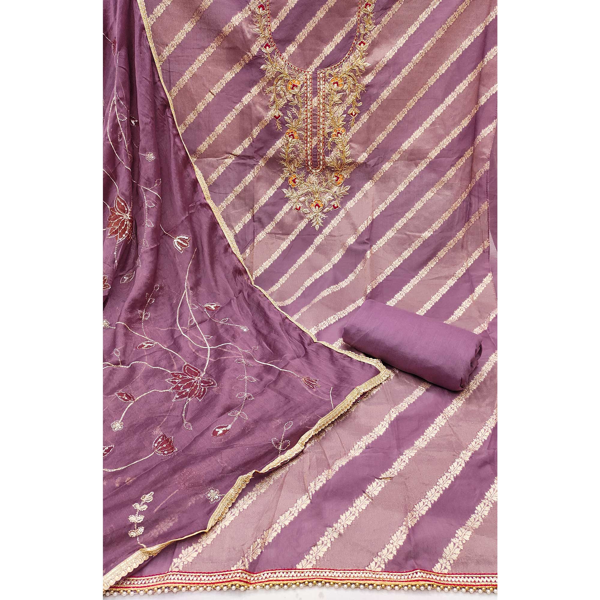 Purple Floral Zari Weaving & Sequins With Handwork Embellished Shimmer Dress Material