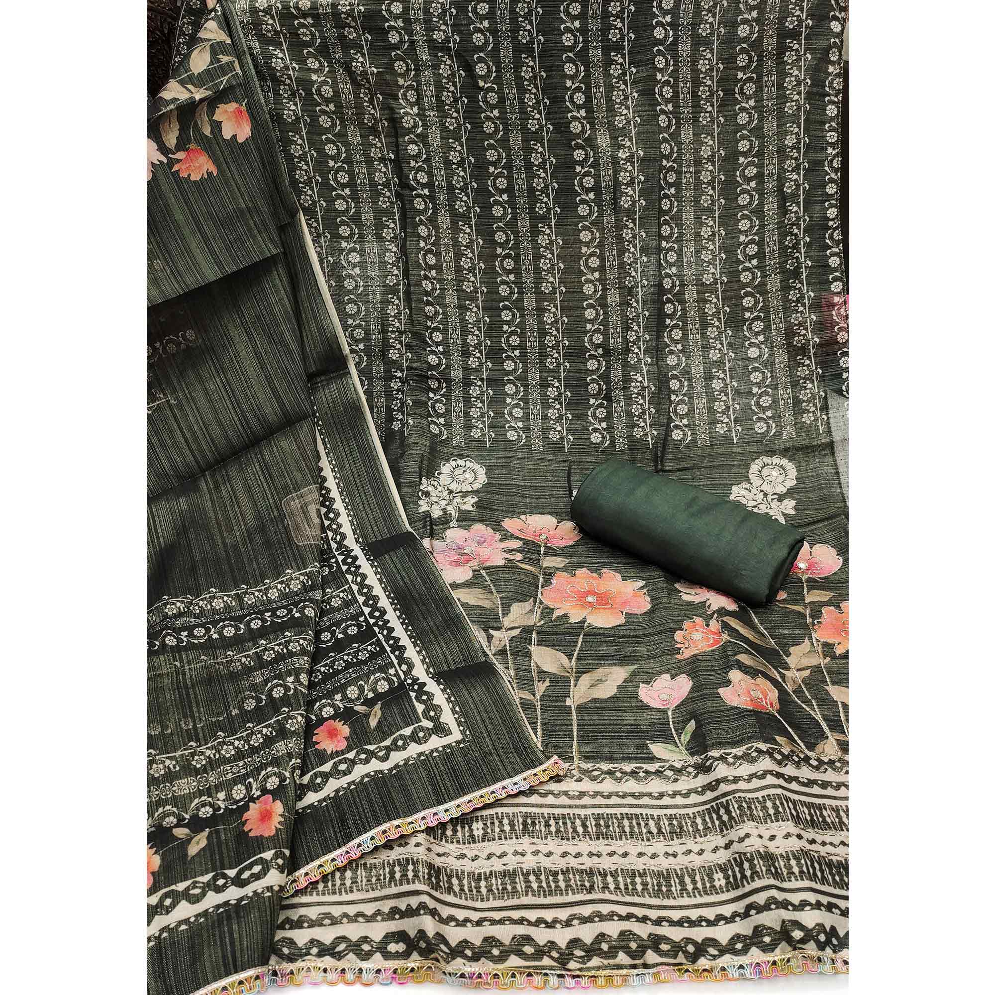 Green Floral Digital Printed With Embroidered Cotton Silk Dress Material For Traditional Look
