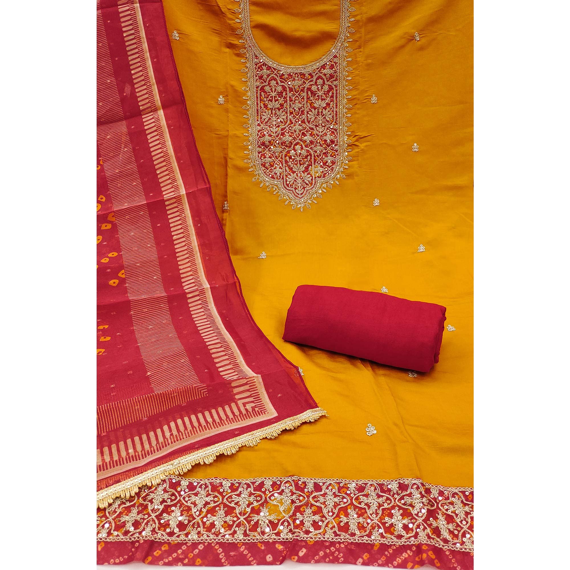 Mustard Unstitched Dress Material in Cotton Blend with Elegant Sequins & Floral Embroidery