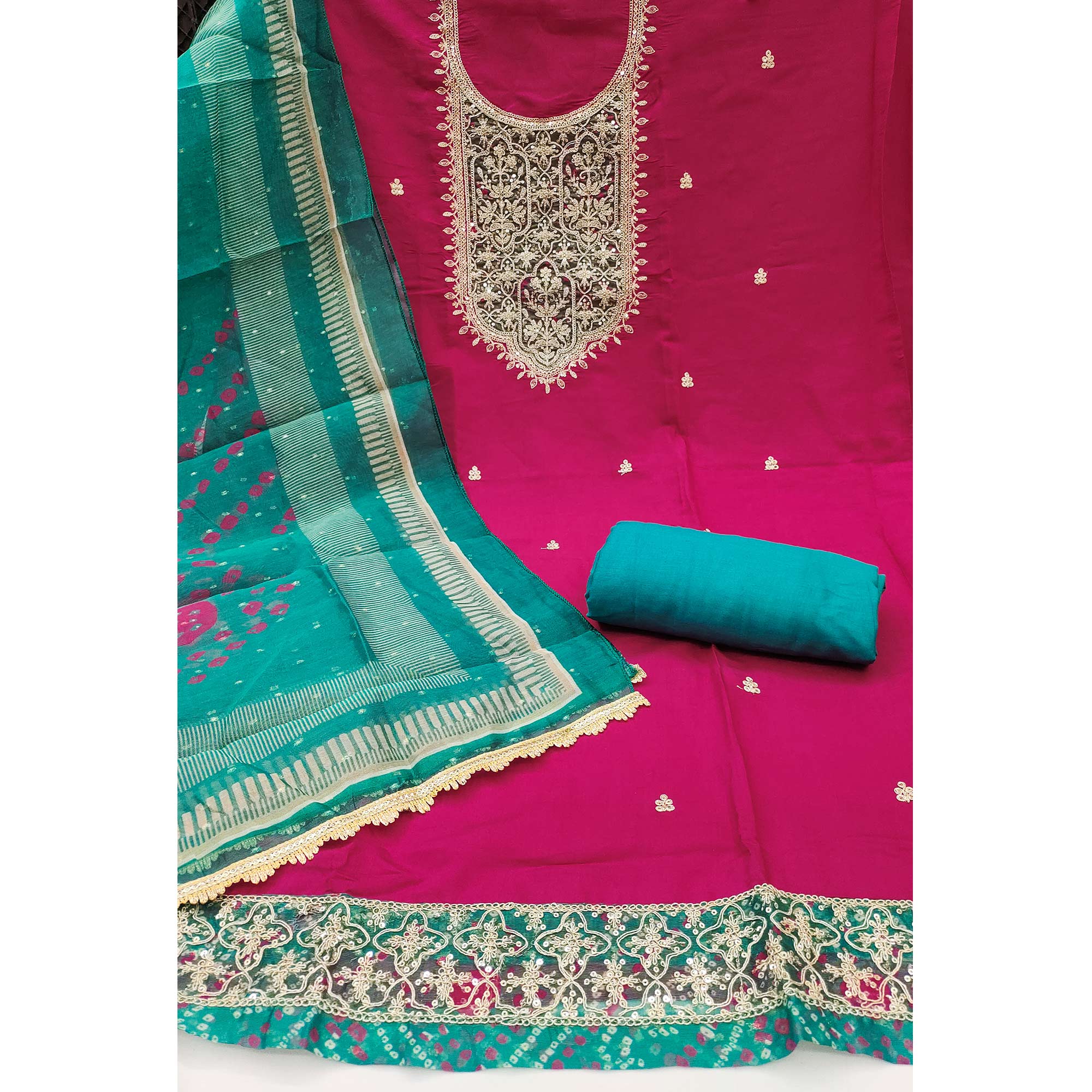 Pink Unstitched Dress Material in Cotton Blend with Elegant Sequins & Floral Embroidery