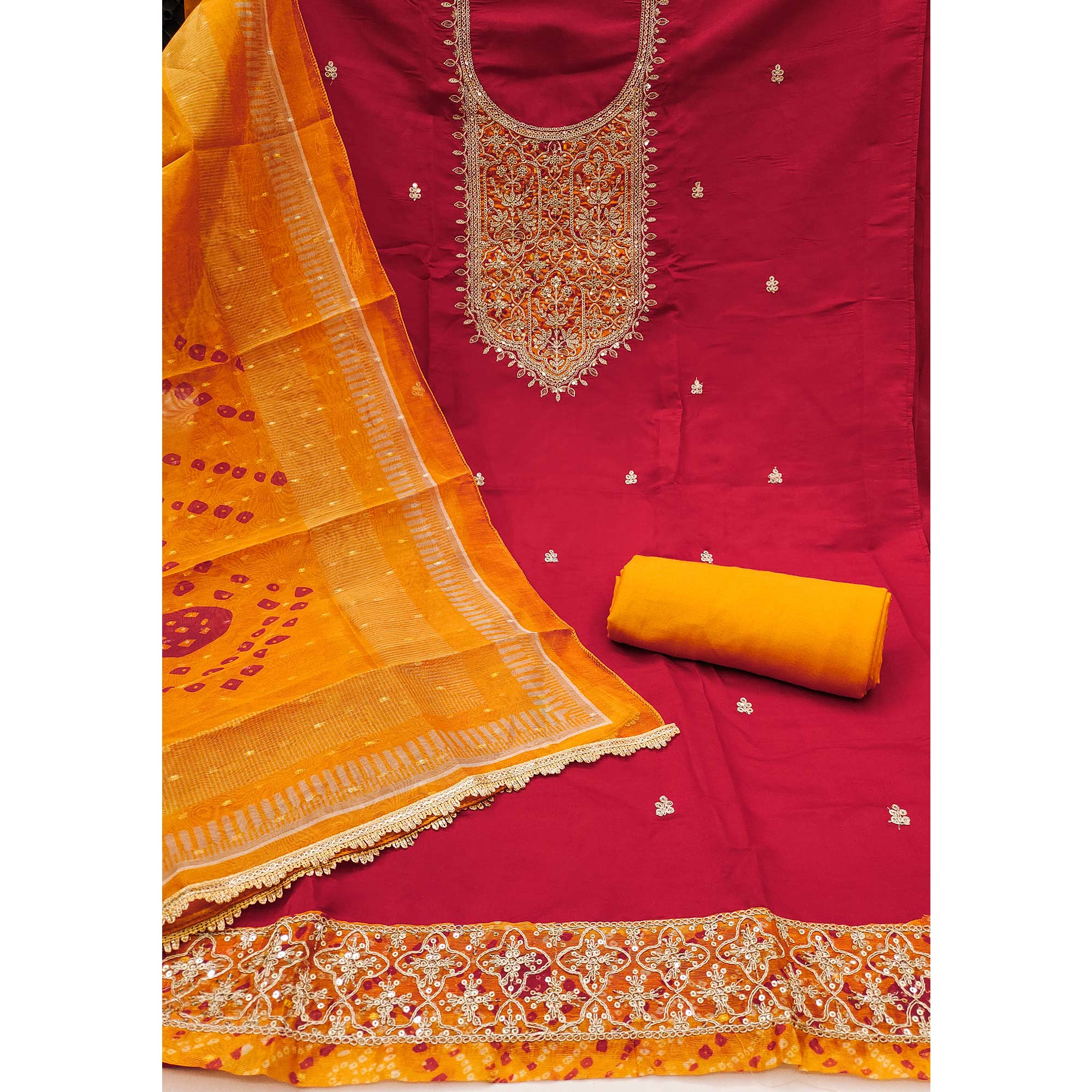 Red Unstitched Dress Material in Cotton Blend with Elegant Sequins & Floral Embroidery