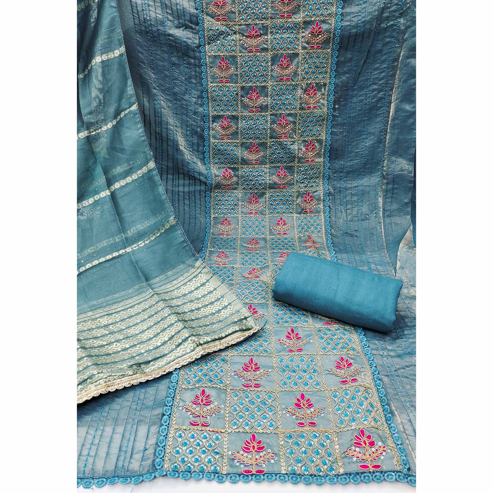 Blue Floral Thread Embroidered Viscose Dress Material With Sequins For Sophisticated Ethnic Style