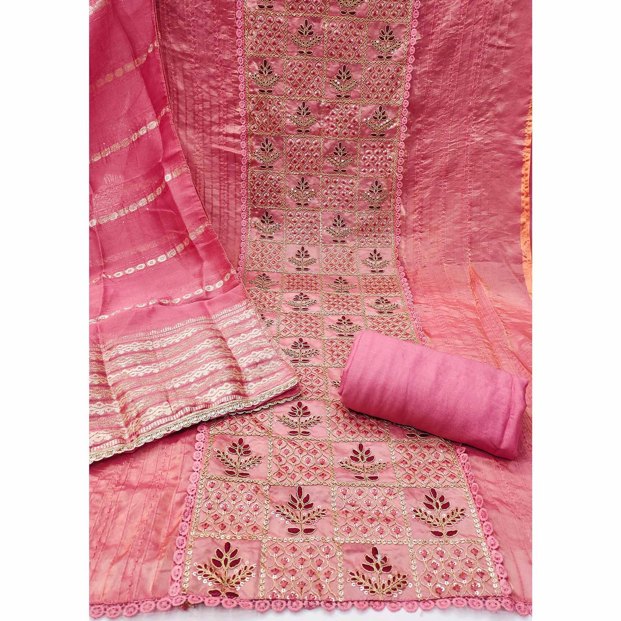Pink Floral Thread Embroidered Viscose Dress Material With Sequins For Sophisticated Ethnic Style