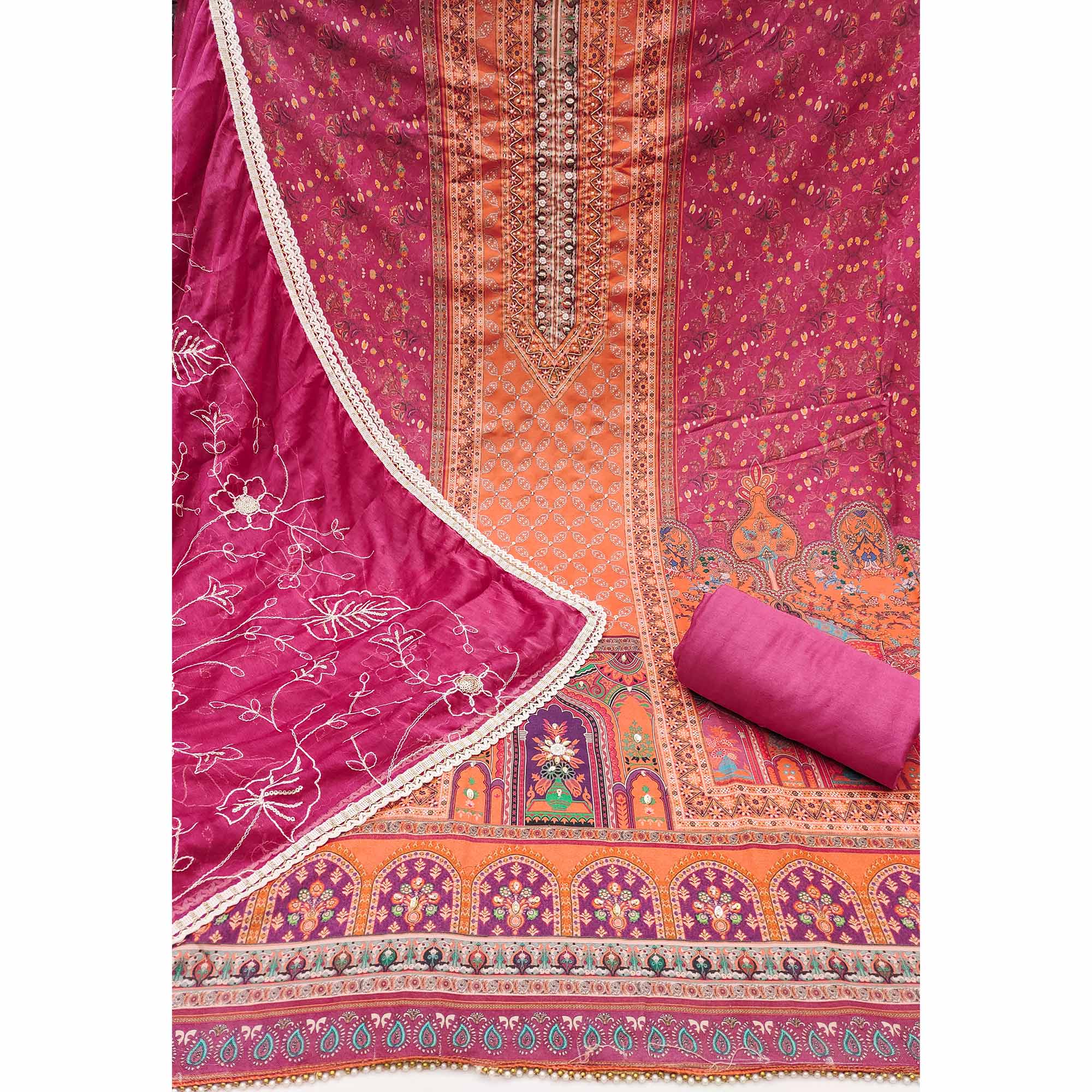 Magenta & Orange Pure Cotton Dress Material With Digital Prints & Elegant Moti Handwork Accents