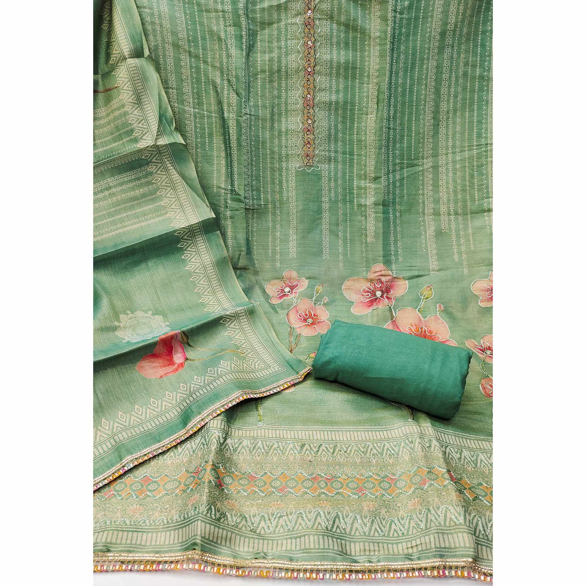 Green Cotton Silk Dress Material Enhanced With Blooming Floral Digital Prints & Elegant Embroidery
