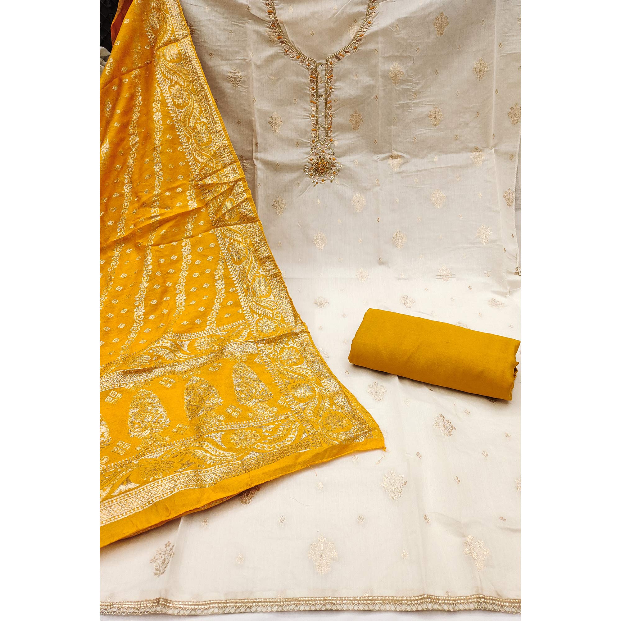 Off White & Mustard Beads Work Cotton Silk Dress Material in Weaving Style