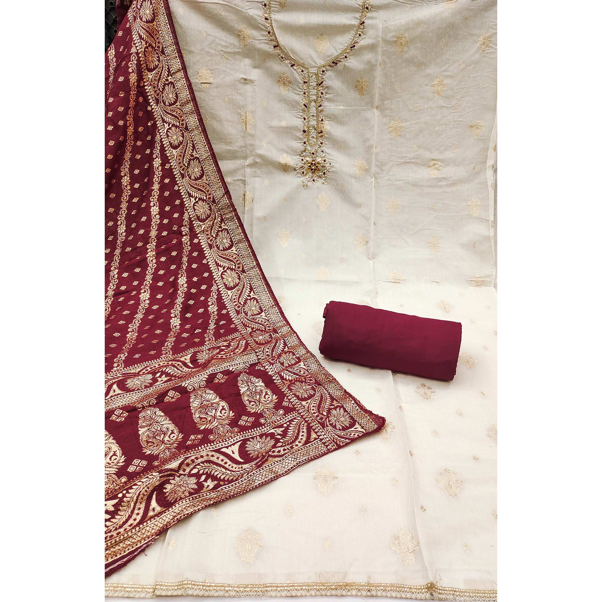 Off White & Maroon Beads Work Cotton Silk Dress Material in Weaving Style