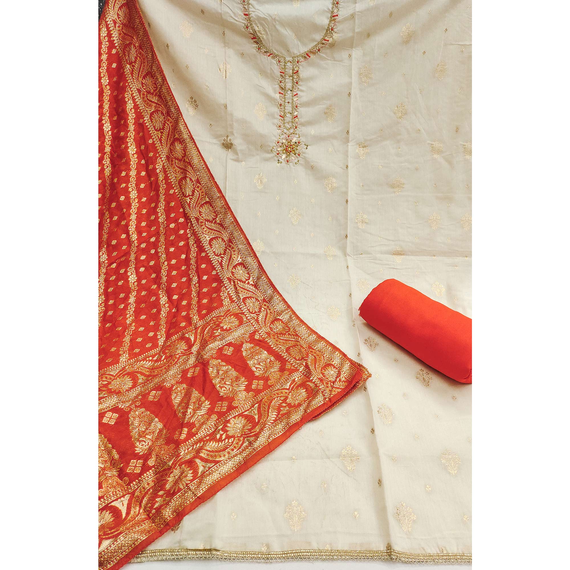 Off White & Orange Beads Work Cotton Silk Dress Material in Weaving Style