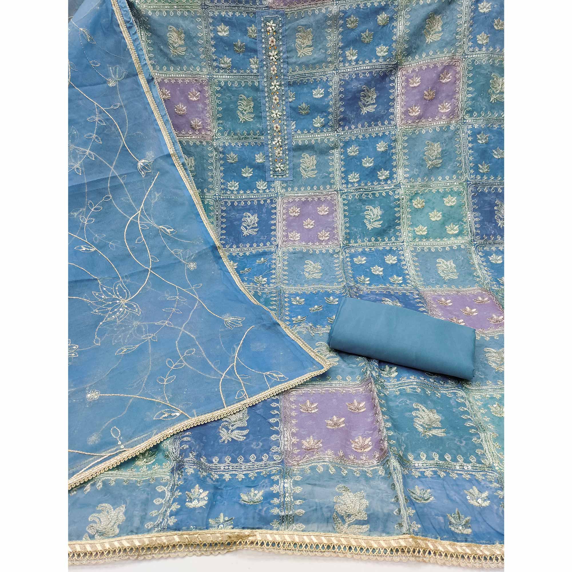 Blue Organza Dress Material With Floral Sequins Embroidery & Delicate Moti Handwork