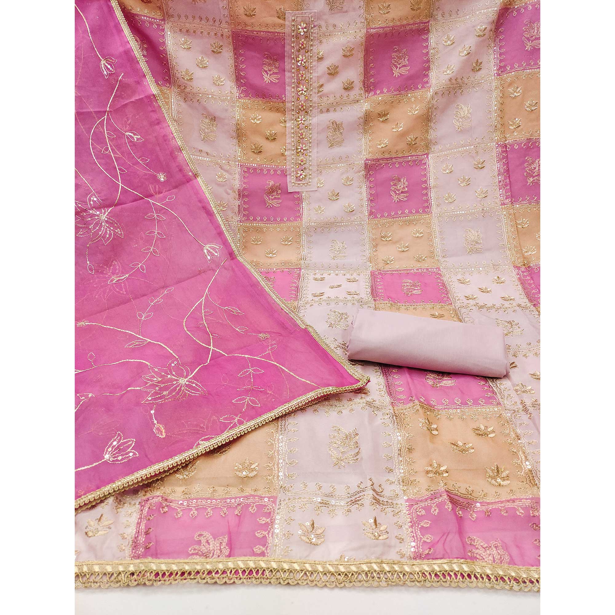 Pink Organza Dress Material With Floral Sequins Embroidery & Delicate Moti Handwork
