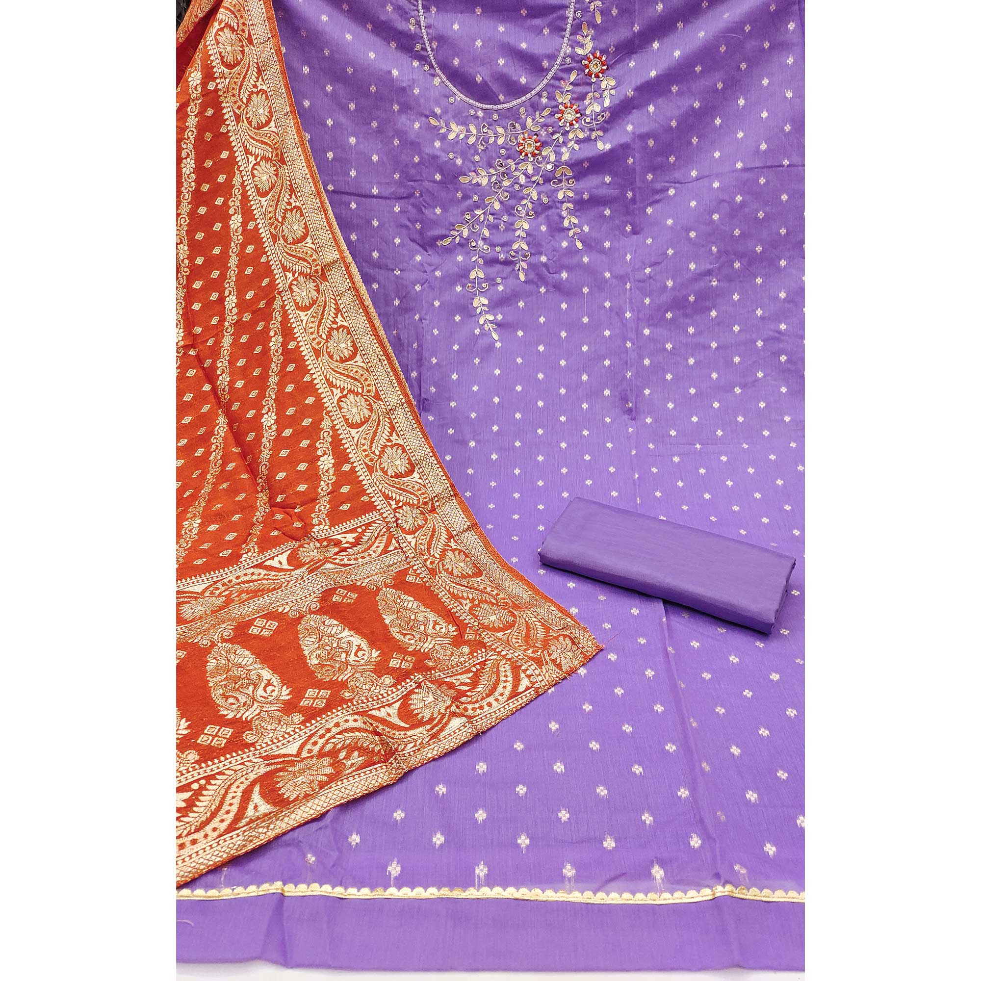 Lavender Unstitched Cotton Silk Dress Fabric with Gota Patti Embroidery and Woven Finish