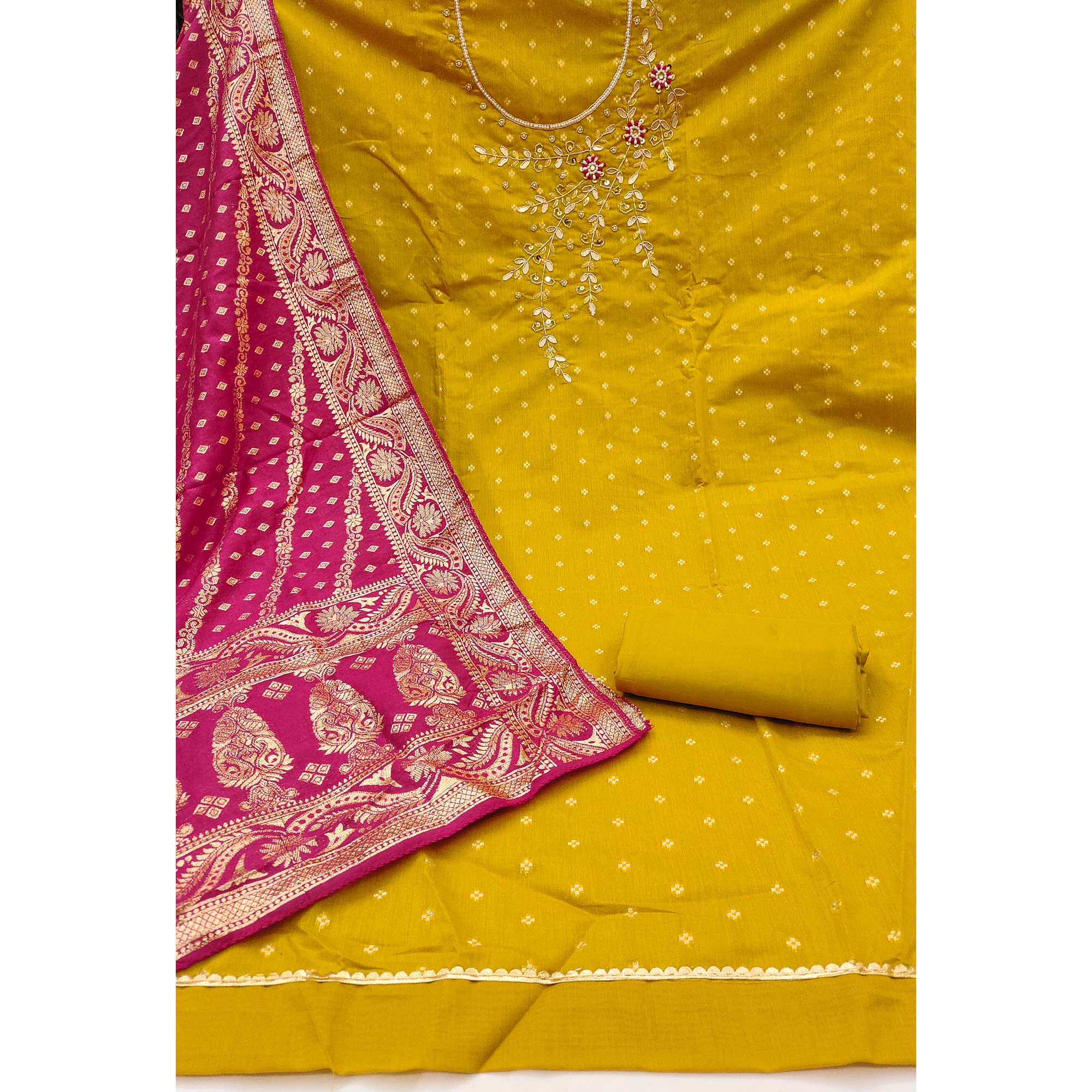 Mustard Unstitched Cotton Silk Dress Fabric with Gota Patti Embroidery and Woven Finish