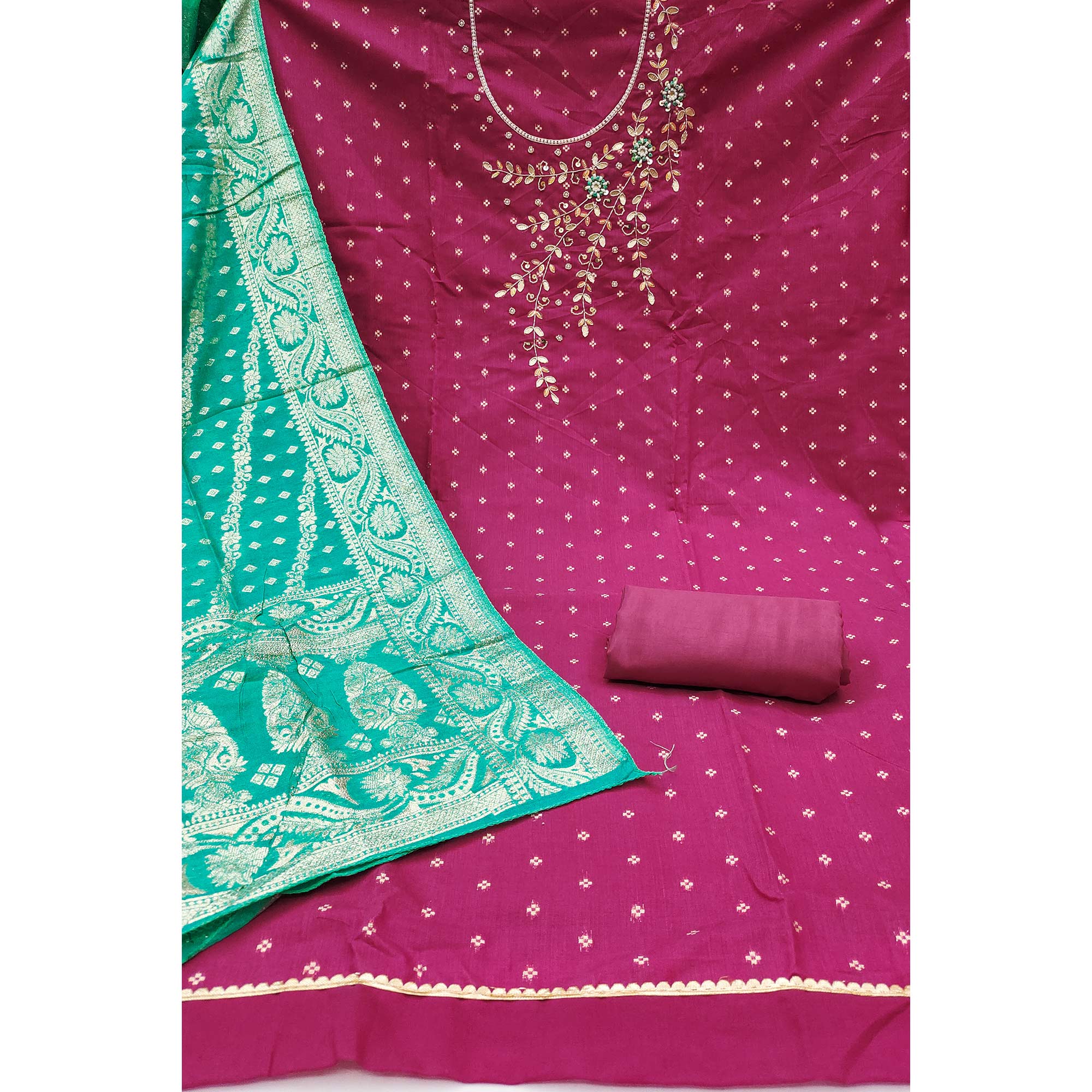 Pink Unstitched Cotton Silk Dress Fabric with Gota Patti Embroidery and Woven Finish