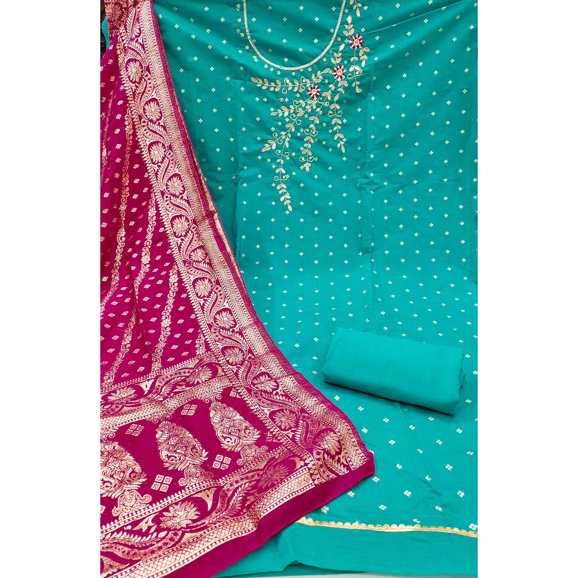 Turquoise Unstitched Cotton Silk Dress Fabric with Gota Patti Embroidery and Woven Finish