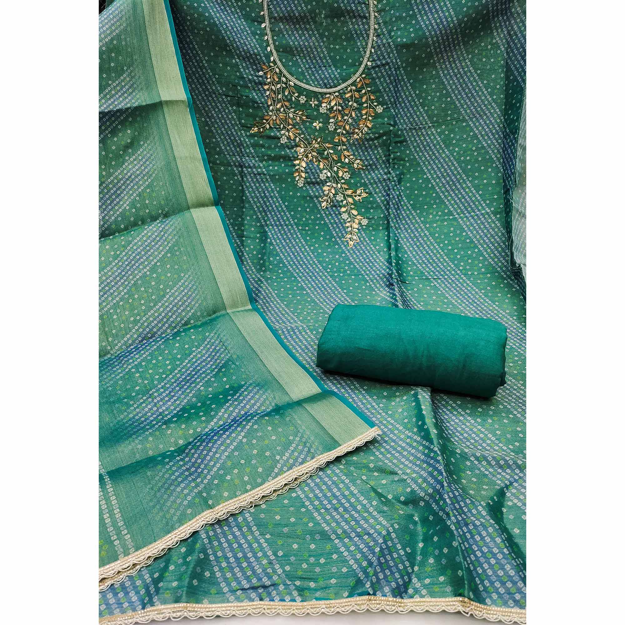 Bandhani Printed Green Cotton Silk Dress Material with Hand Embellishment