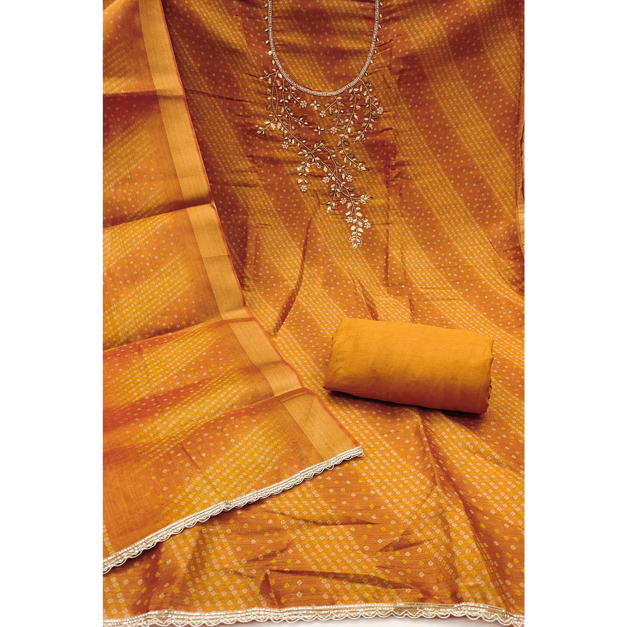 Bandhani Printed Mustard Cotton Silk Dress Material with Hand Embellishment