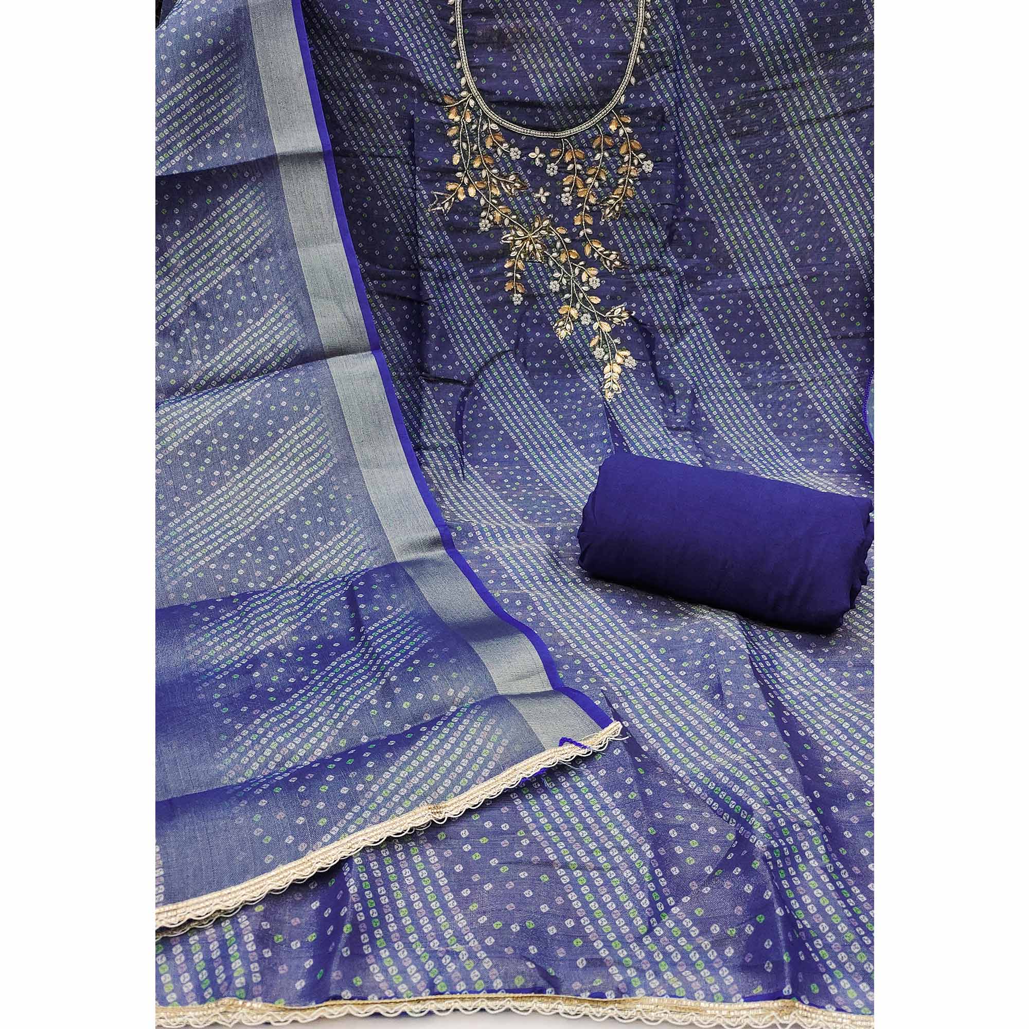Bandhani Printed Navy Blue Cotton Silk Dress Material with Hand Embellishment