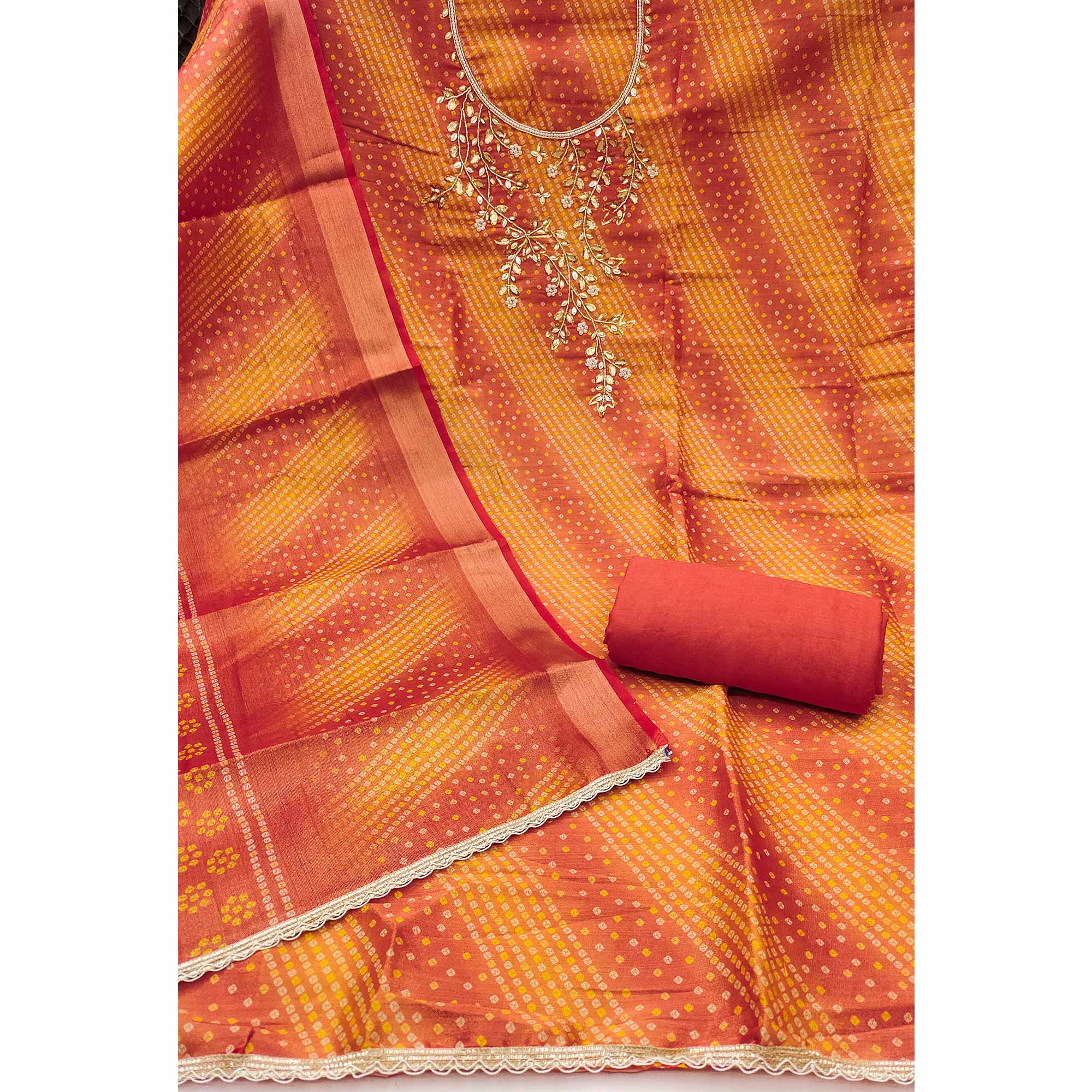 Bandhani Printed Orange Cotton Silk Dress Material with Hand Embellishment