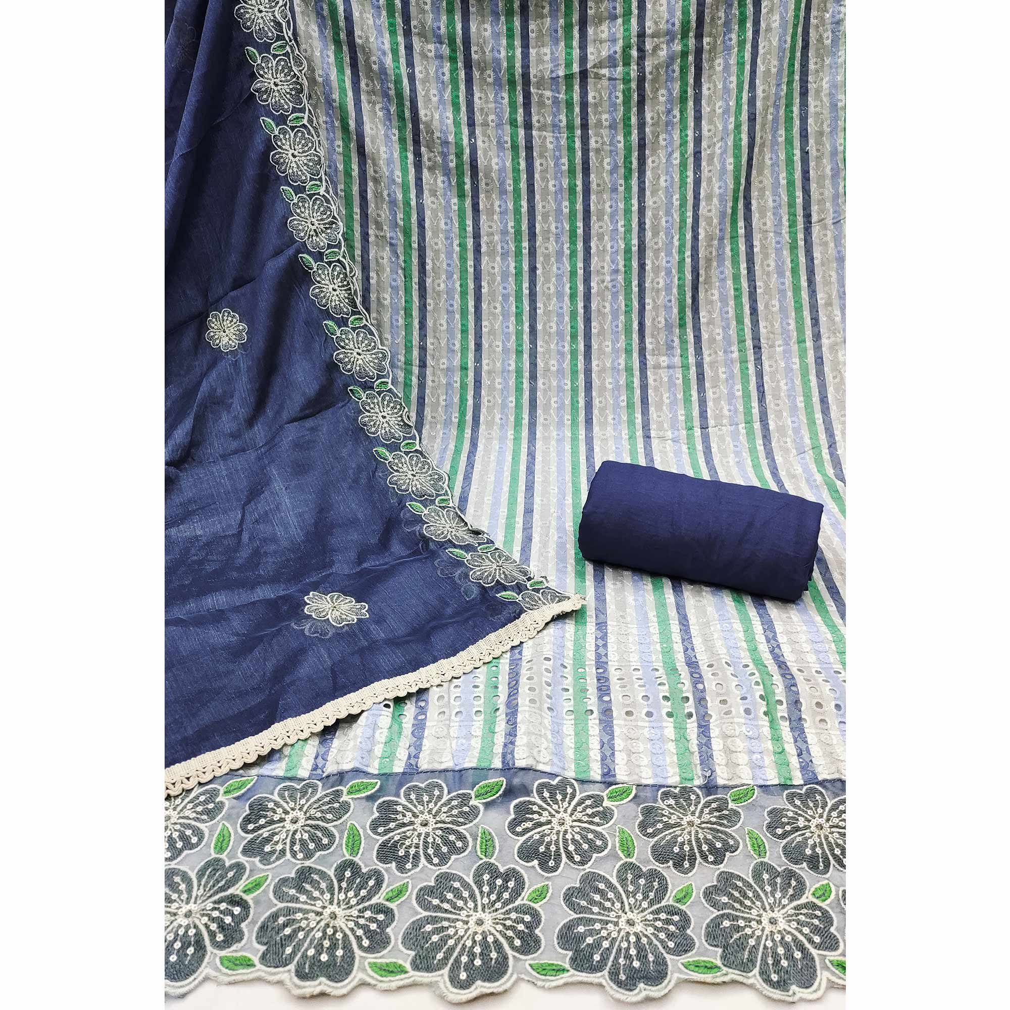 Soft and Comfortable Blue Pure Cambric Cotton Dress Fabric with Fine Floral Embroidery