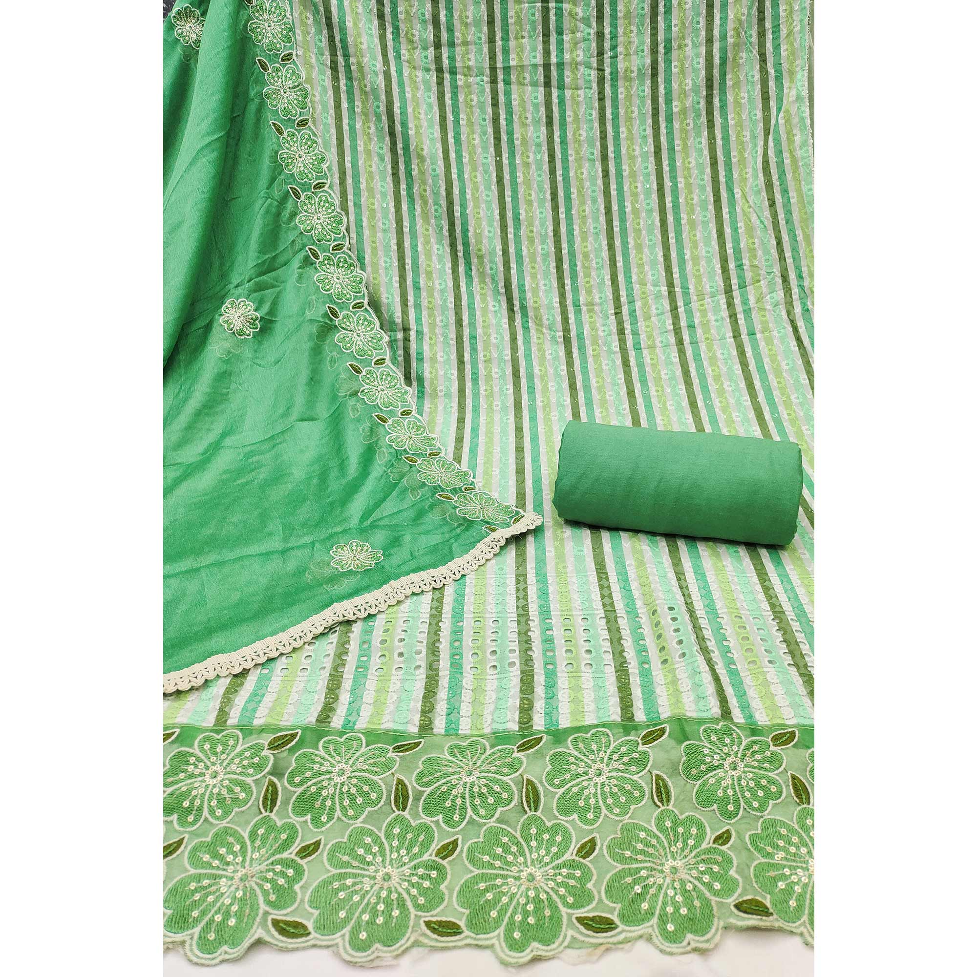 Soft and Comfortable Green Pure Cambric Cotton Dress Fabric with Fine Floral Embroidery