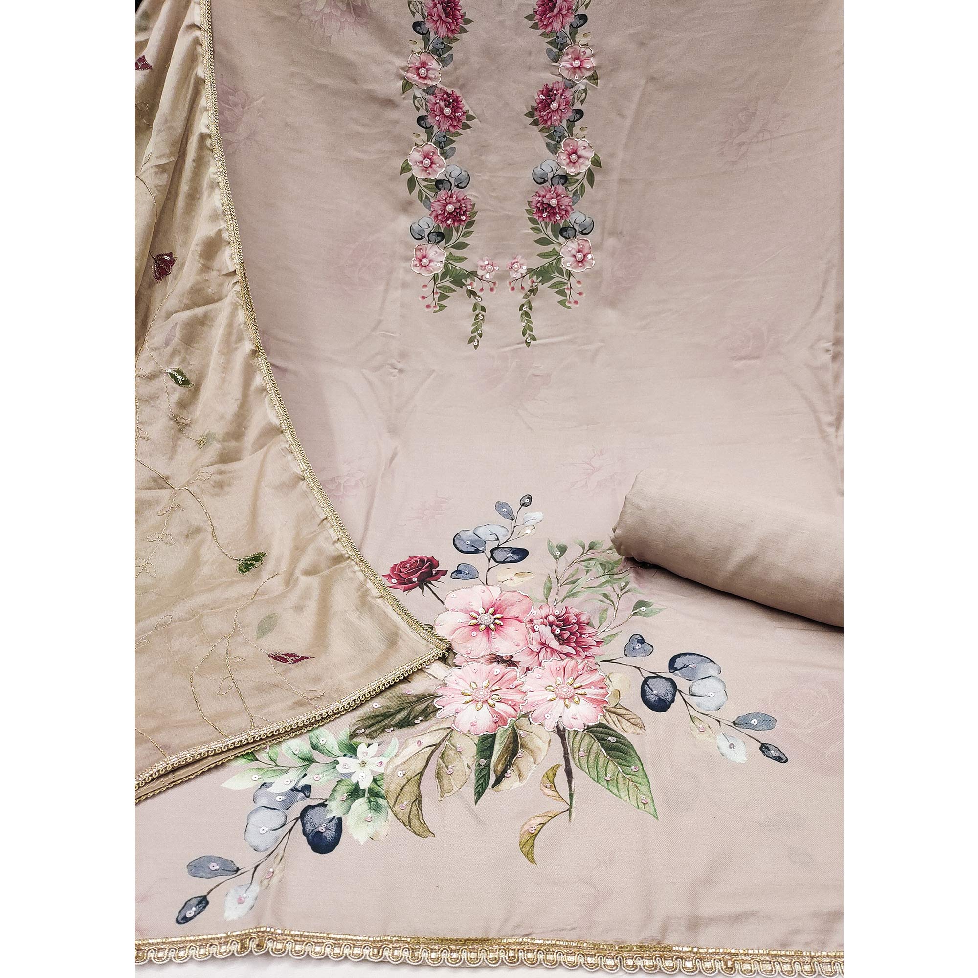 Beige Rayon Fabric with Floral Print Dress Material