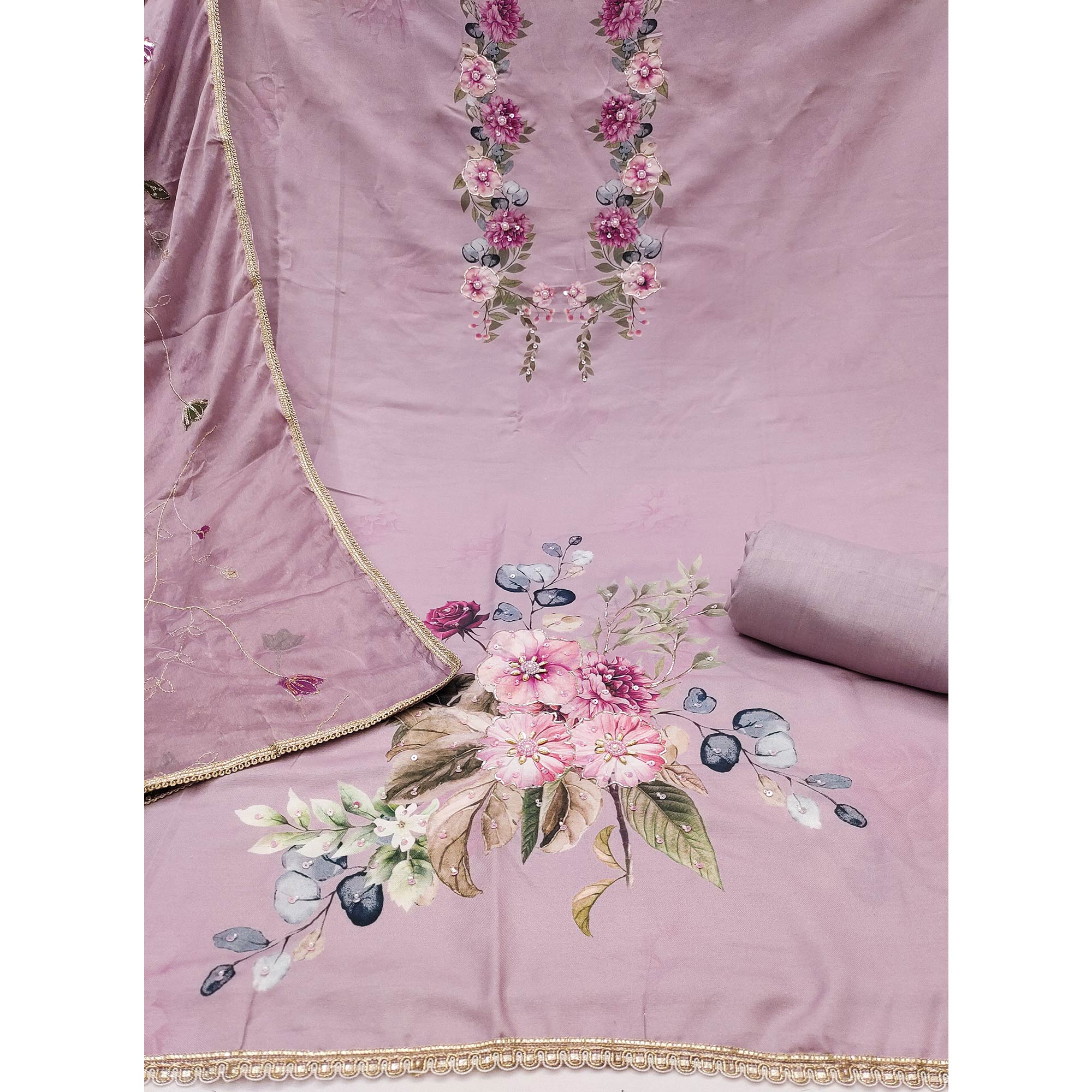 Dusty Mauve Rayon Fabric with Floral Print Dress Material