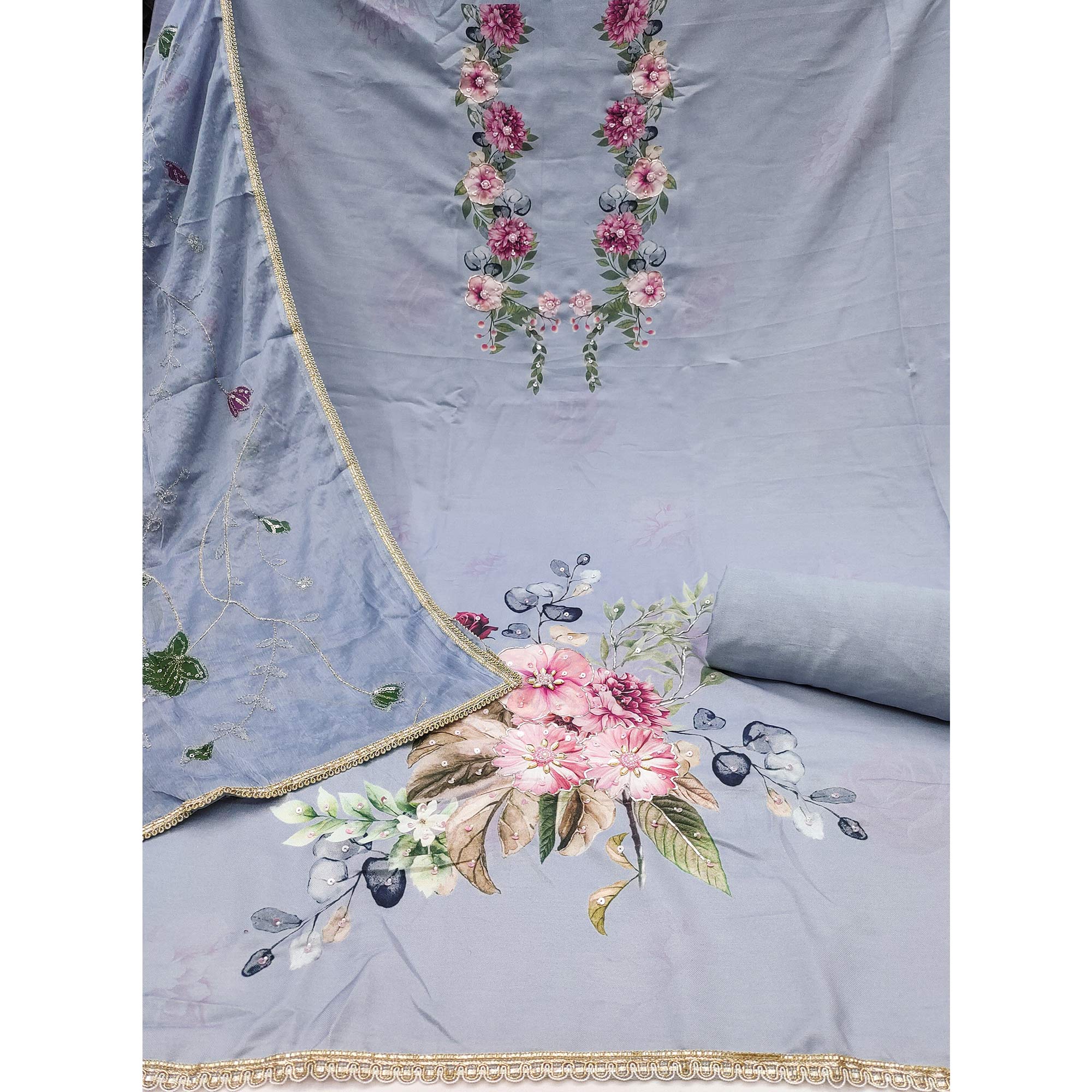 Powder Blue Rayon Fabric with Floral Print Dress Material