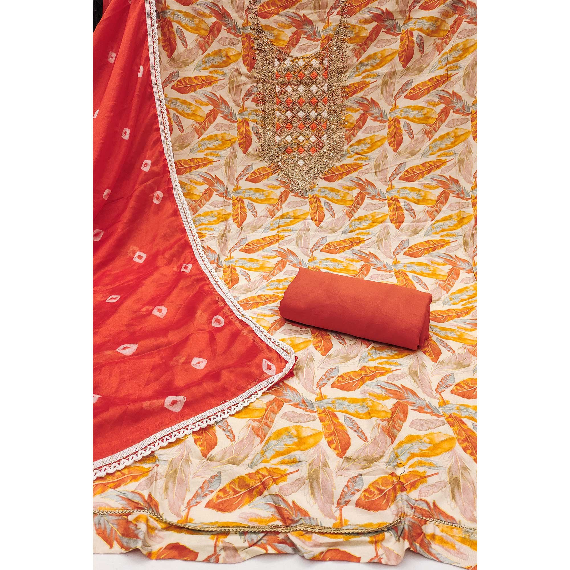 Off White & Orange Floral Printed Pure Cotton Unstitched Dress Material