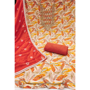 Off White & Orange Floral Printed Pure Cotton Unstitched Dress Material