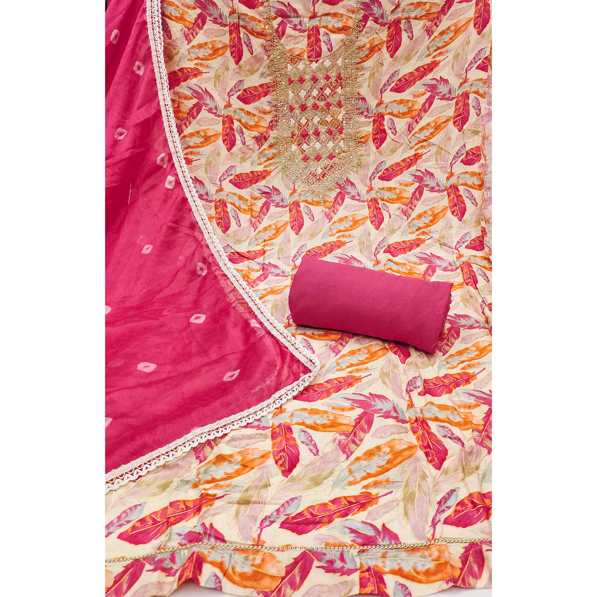 Off White & Pink Floral Printed Pure Cotton Unstitched Dress Material