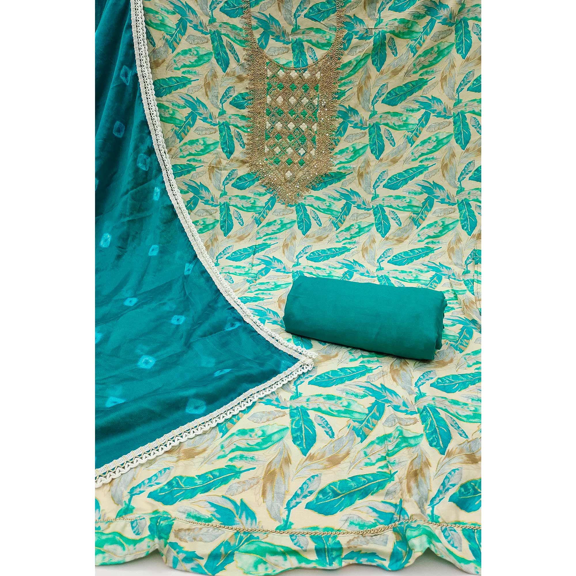 Off White & Teal Floral Printed Pure Cotton Unstitched Dress Material