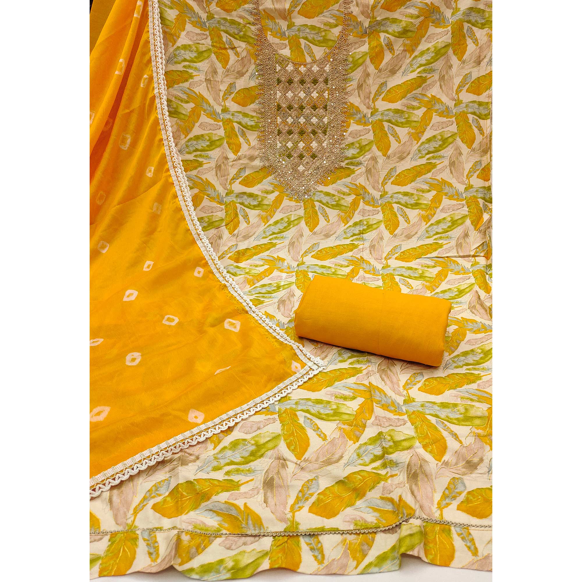 Off White & Yellow Floral Printed Pure Cotton Unstitched Dress Material