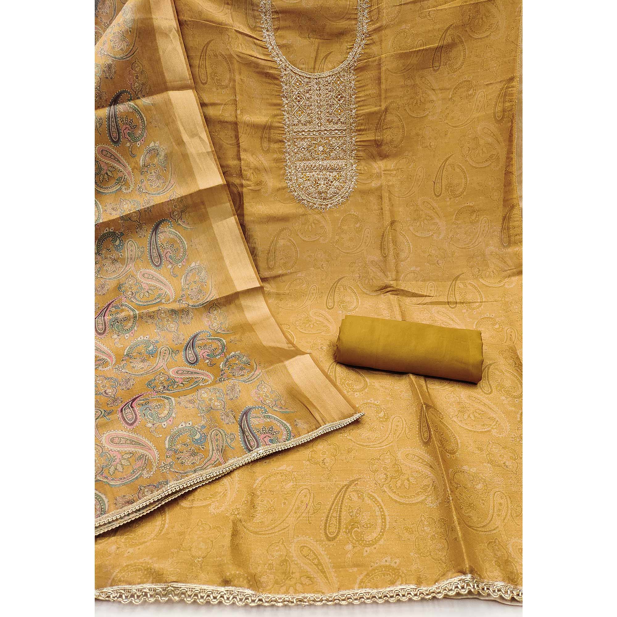 Festive Olive Printed Shimmer Cotton Silk Unstitched Dress Material with Decorative Thread Work