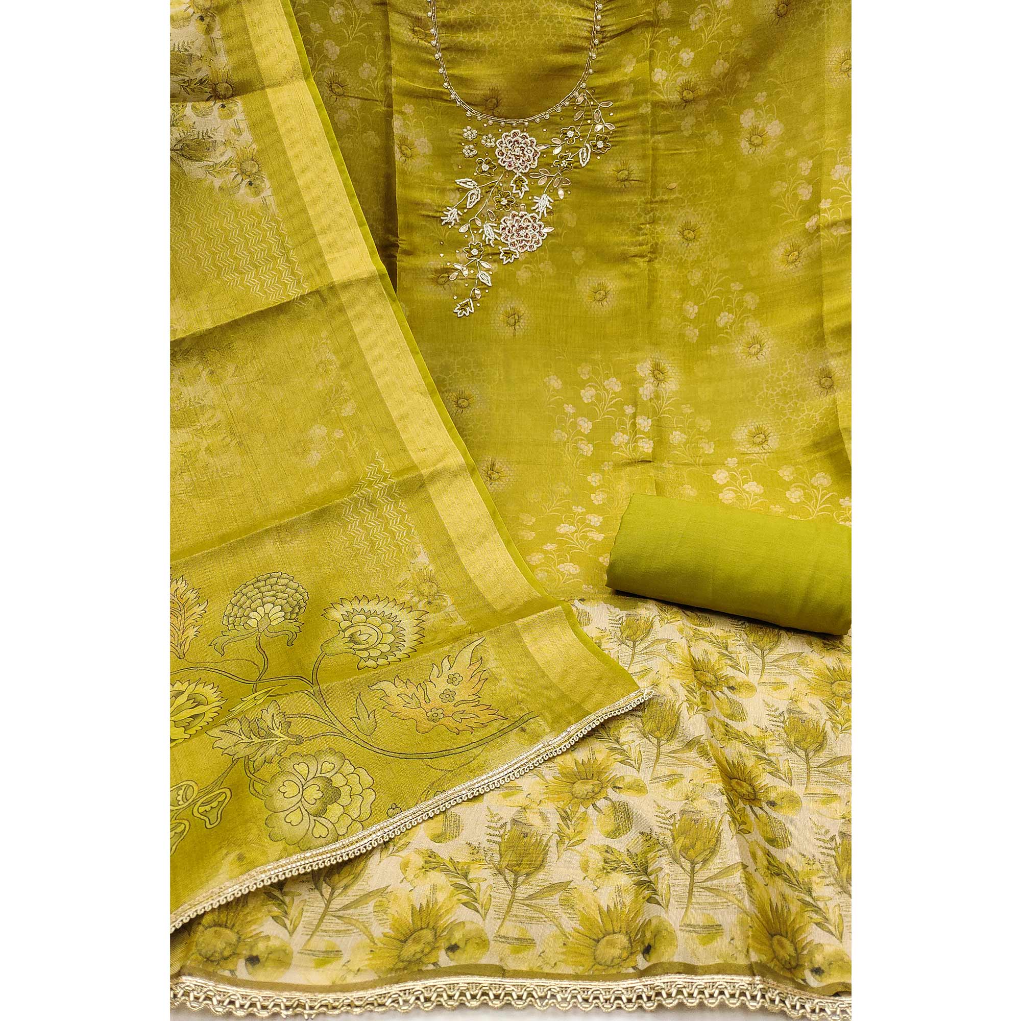 Green Shimmer Cotton Silk Suit Fabric with Printed Motifs and Thread Embroidery