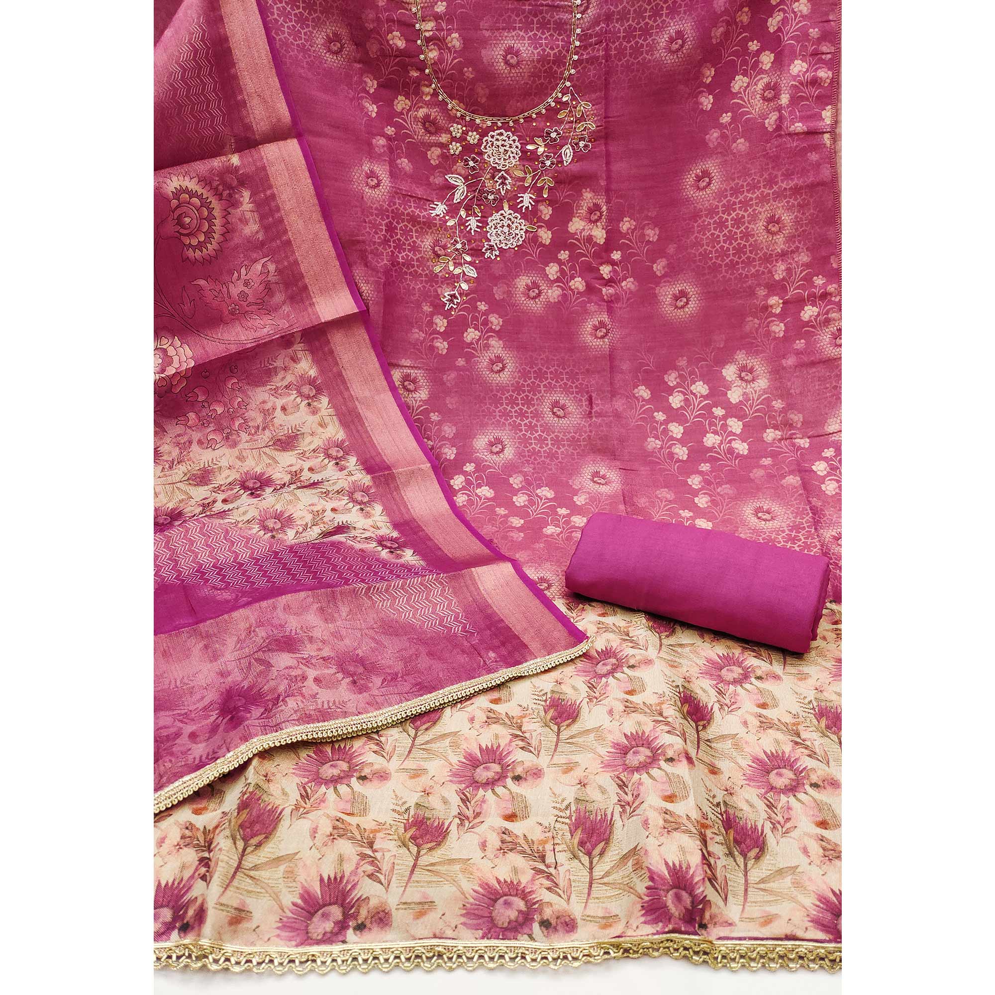 Pink Shimmer Cotton Silk Suit Fabric with Printed Motifs and Thread Embroidery