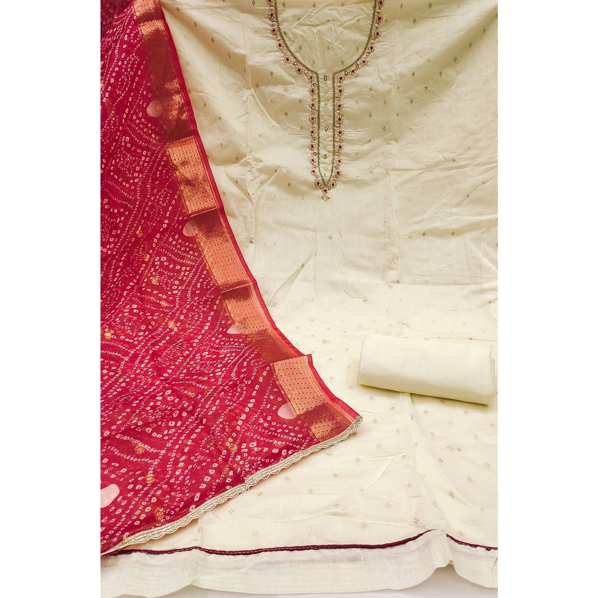 Cream Woven Banarasi Cotton Silk Dress Material with Artistic Bead Work and Classic Texture