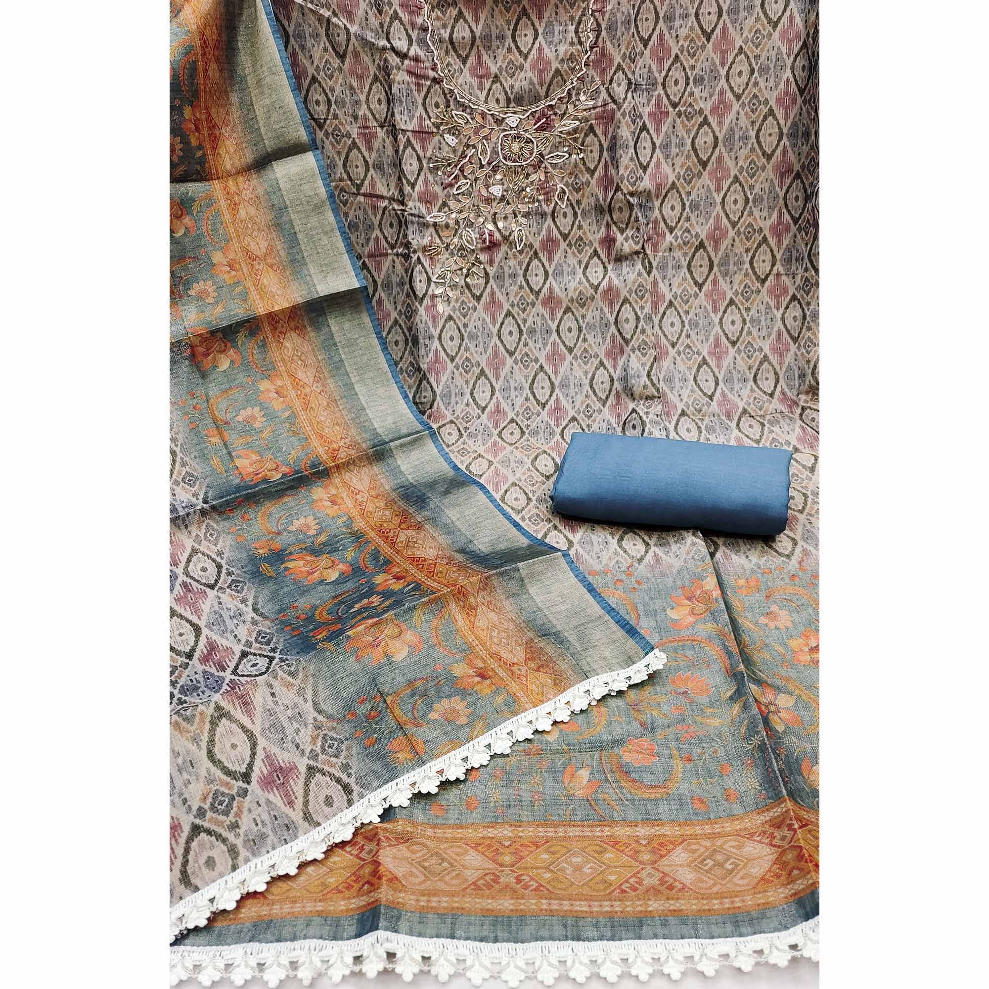 Blue Ikkat Printed Shimmer Cotton Silk Unstitched Dress Material with Elegant Beads Work