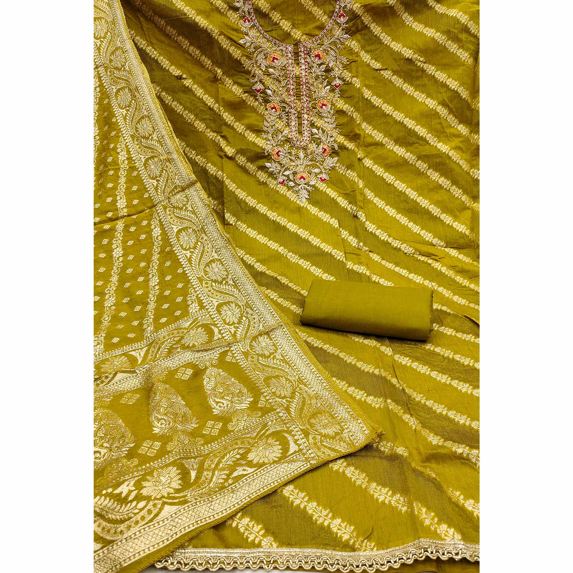 Green Shimmer Cotton Silk Suit Material Featuring Zari Weaving and Artistic Embroidered Detailing