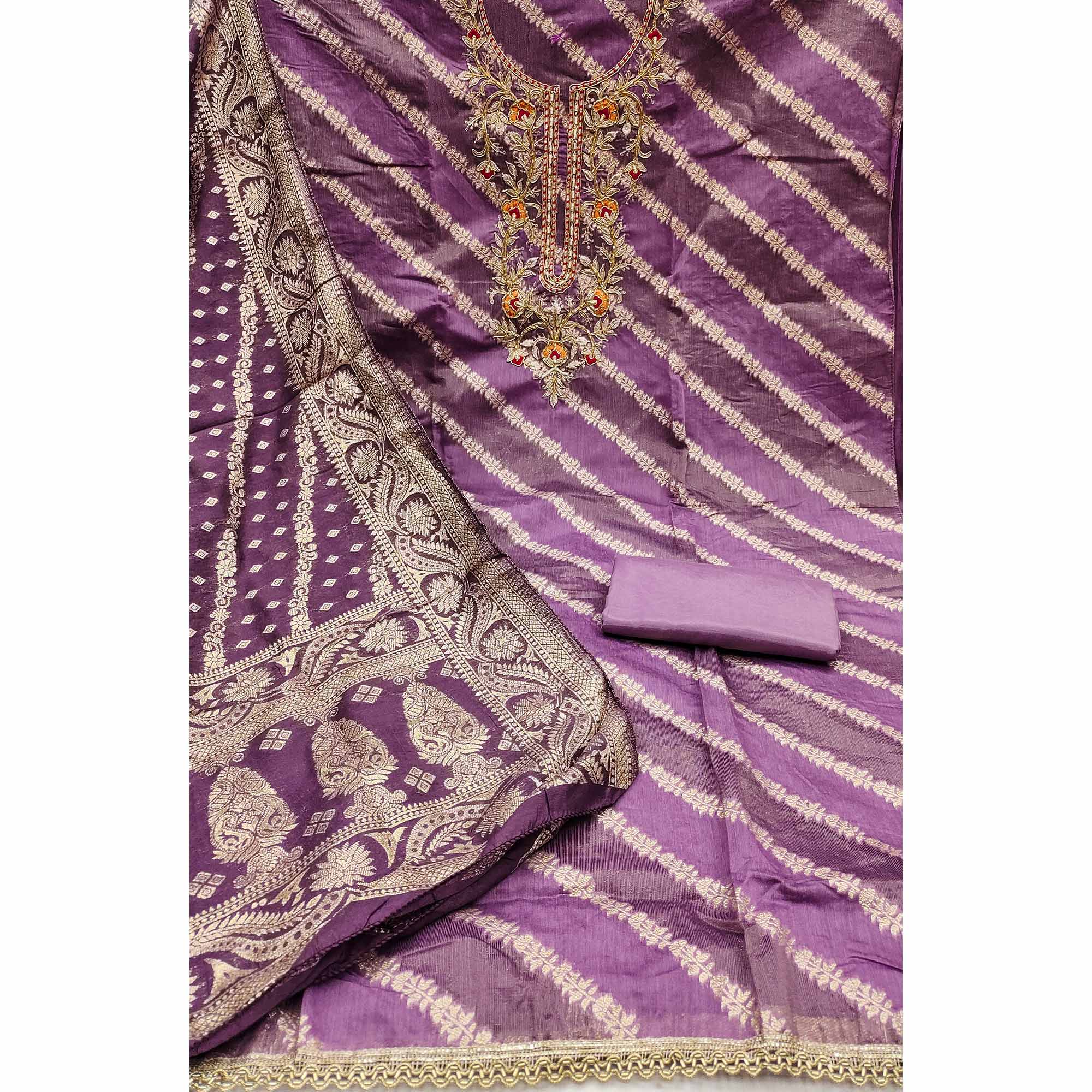 Purple Shimmer Cotton Silk Suit Material Featuring Zari Weaving and Artistic Embroidered Detailing