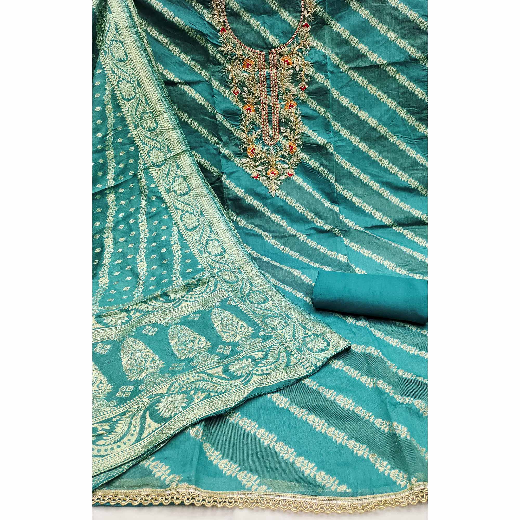 Rama Green Shimmer Cotton Silk Suit Material Featuring Zari Weaving and Artistic Embroidered Detailing