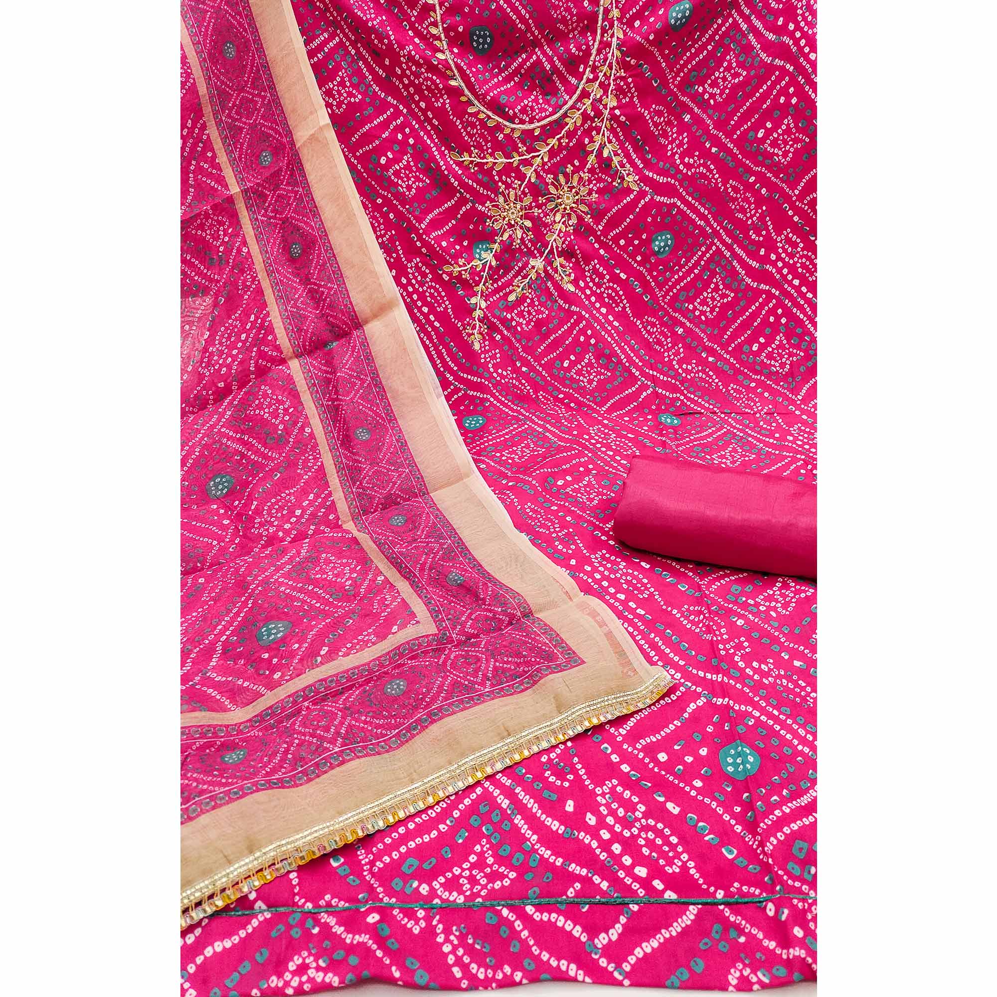 Pink Bandhani Print Unstitched Dress Material with Beautiful Gotta Patti Work for Festive Wear