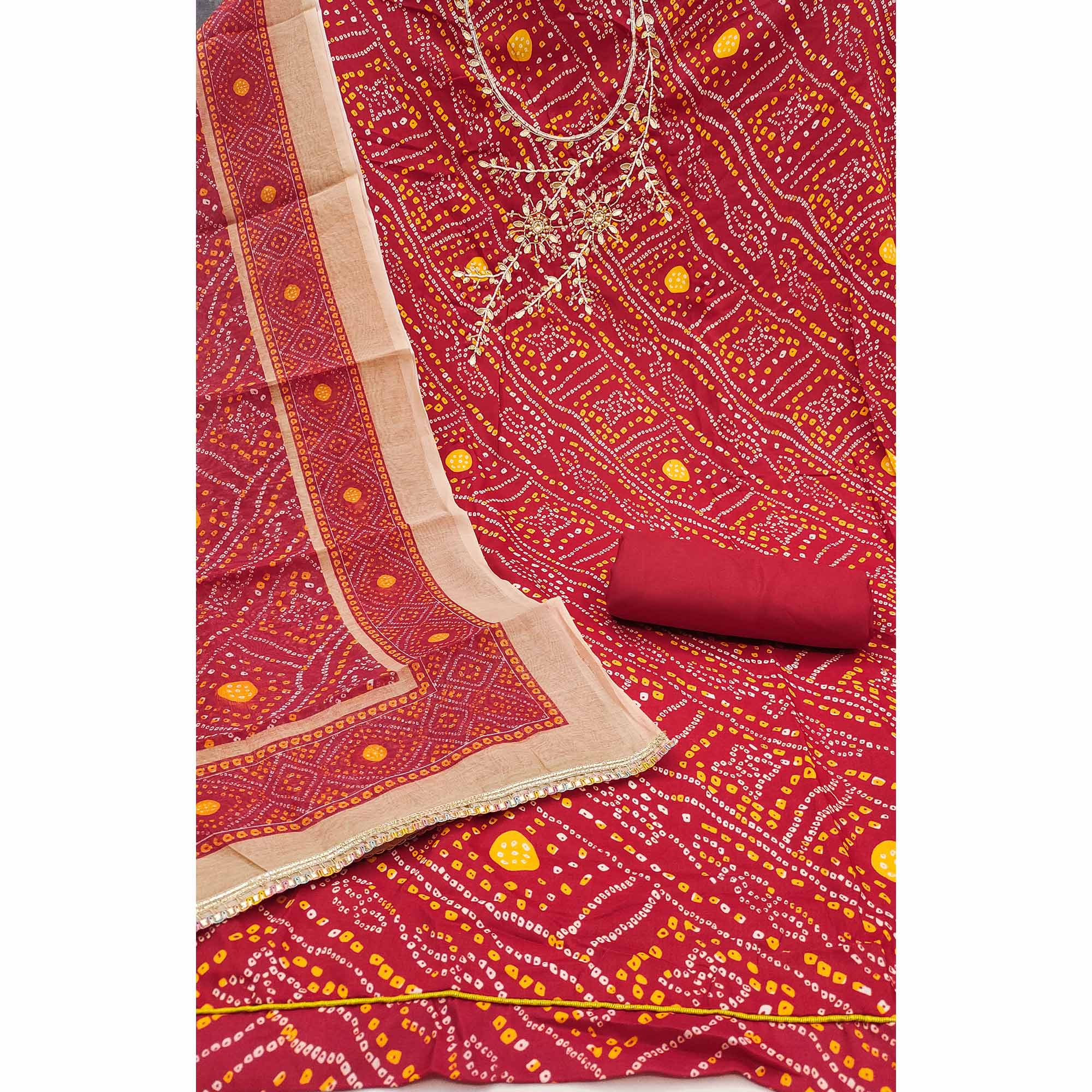Red Bandhani Print Unstitched Dress Material with Beautiful Gotta Patti Work for Festive Wear
