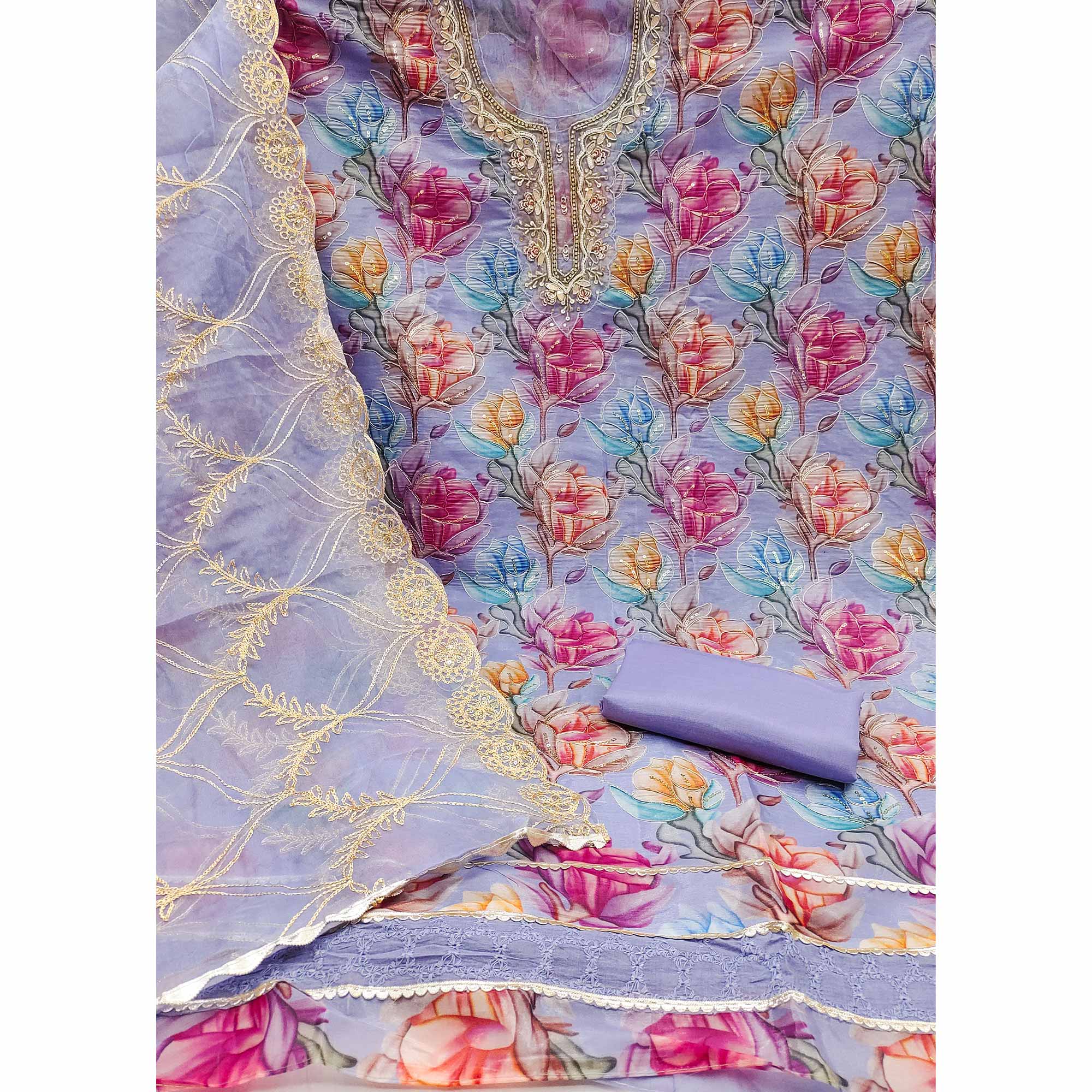 Lavender Floral Printed Organza Suit Fabric Adorned with Delicate Hand Beads Work