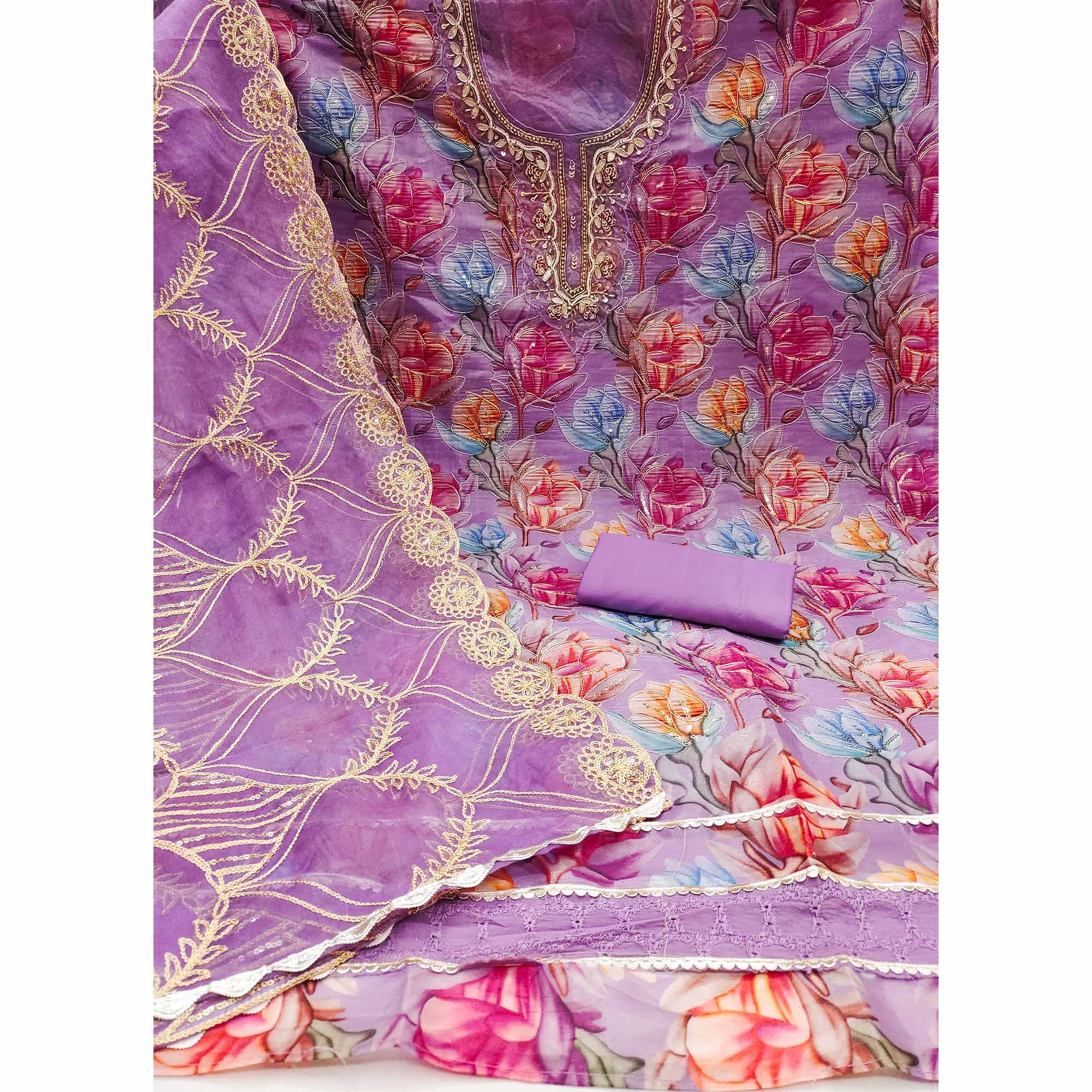 Purple Floral Printed Organza Suit Fabric Adorned with Delicate Hand Beads Work