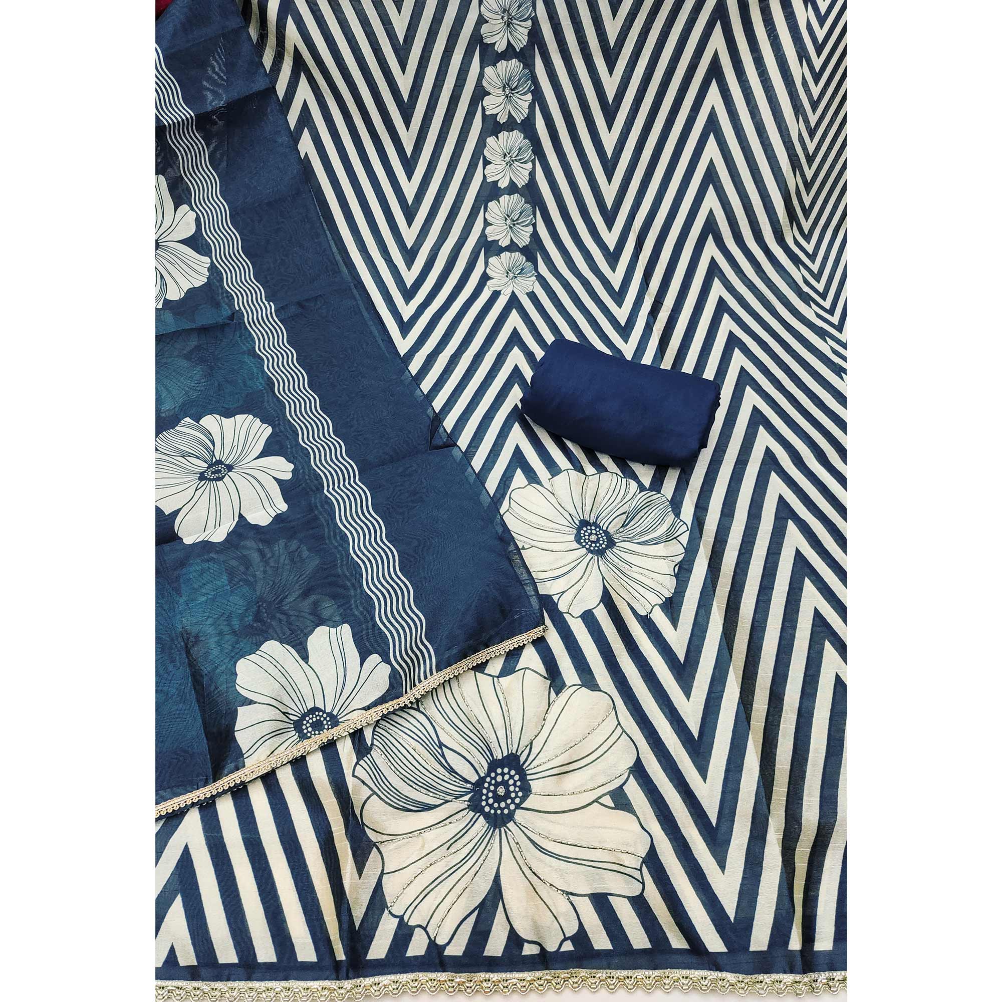 Blue Digital Printed Cotton Silk Dress Material Featuring Floral & Zig Zag Patterns With Handwork